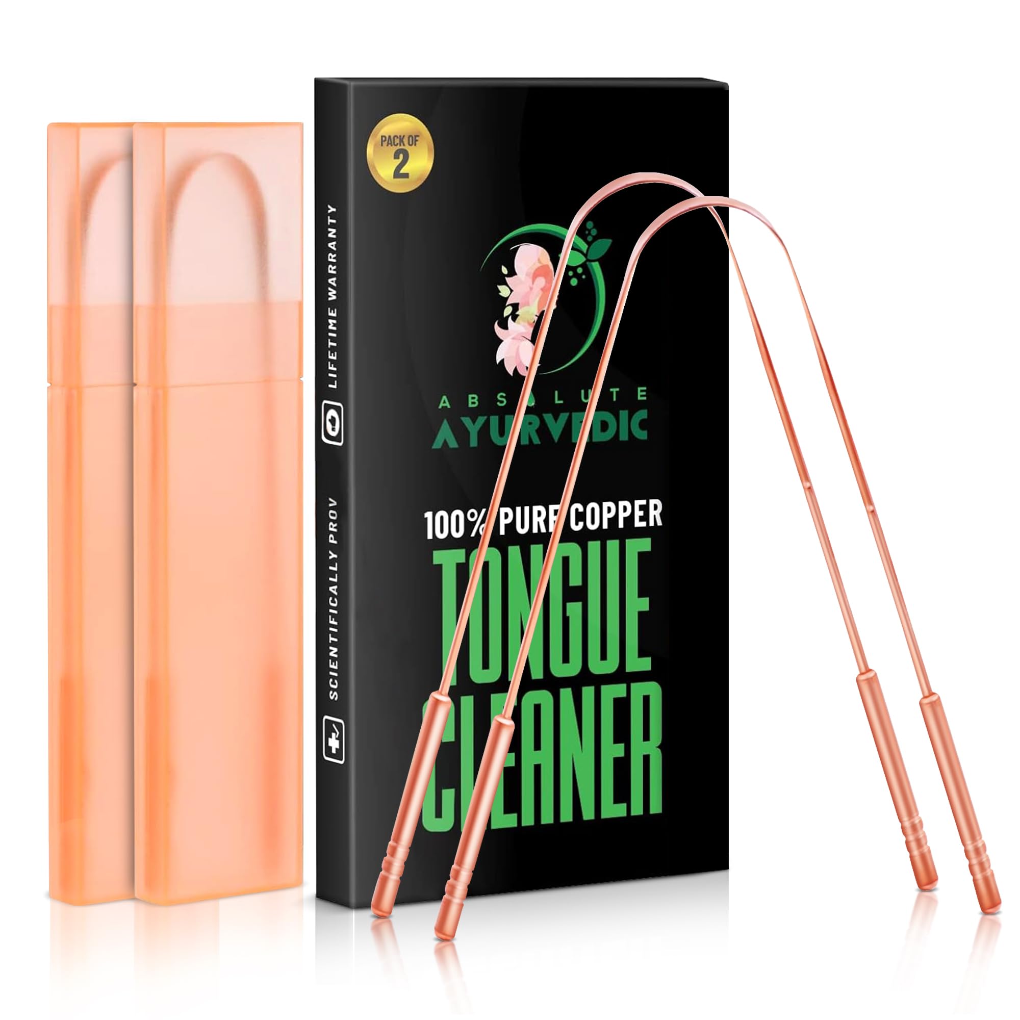 Rascador de lengua Absolute Ayurvedic cobre para adultos con estuche de viaje, limpieza bucal