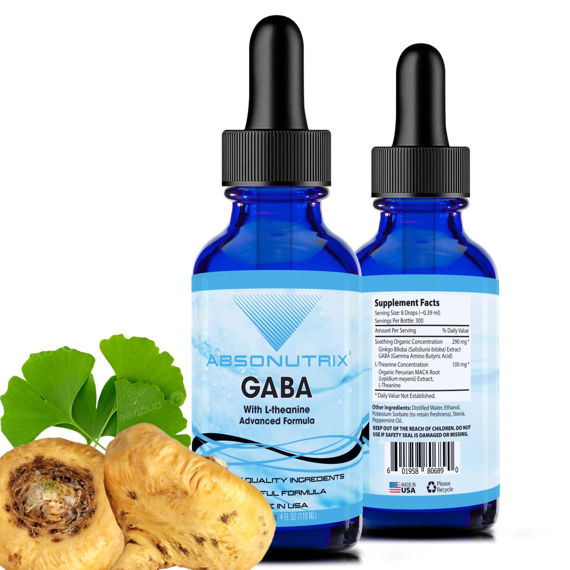 Botella de Absonutrix GABA con L-Theanine para relajación suave.