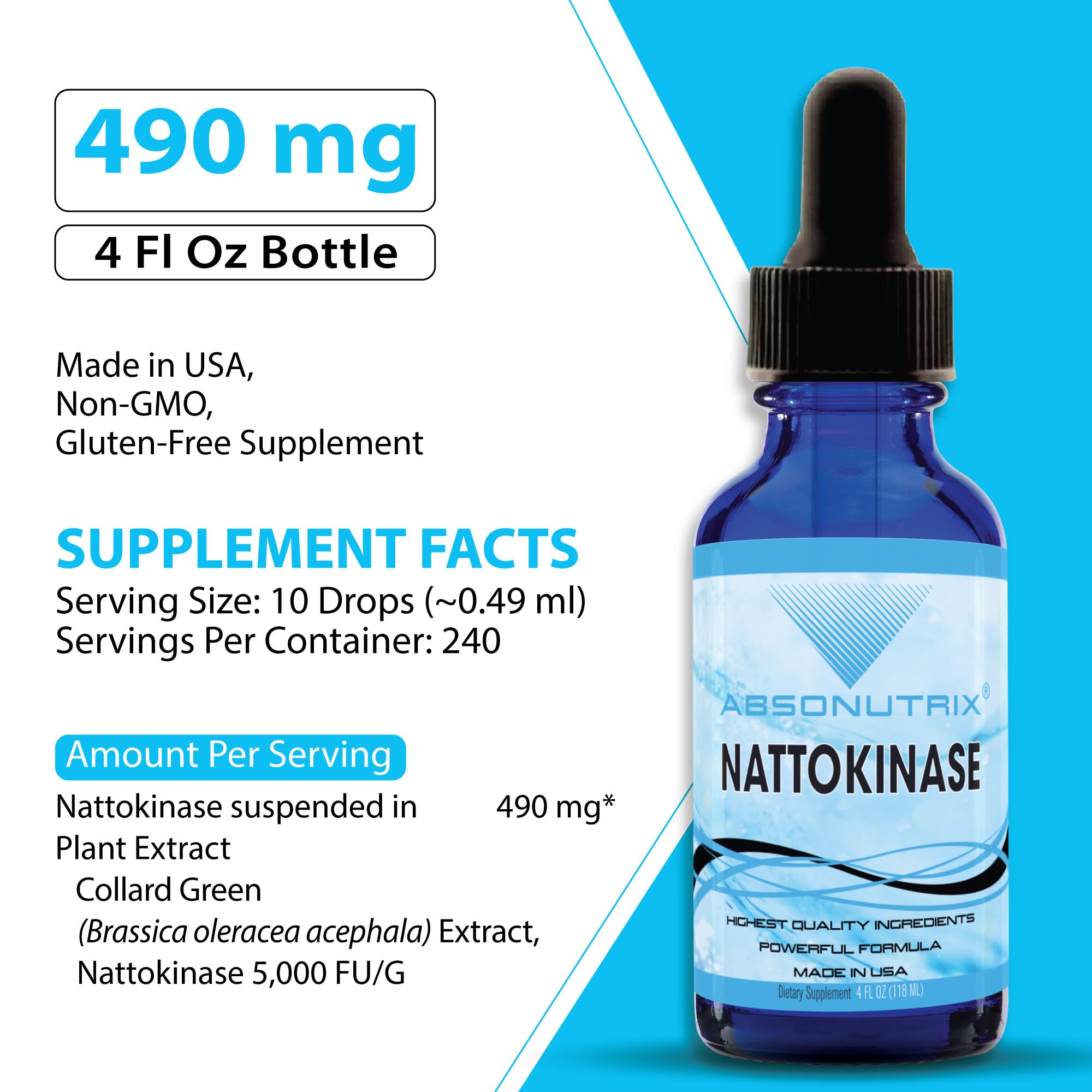 Absonutrix nattokinase: dosis de 10 gotas listas para consumo diario.