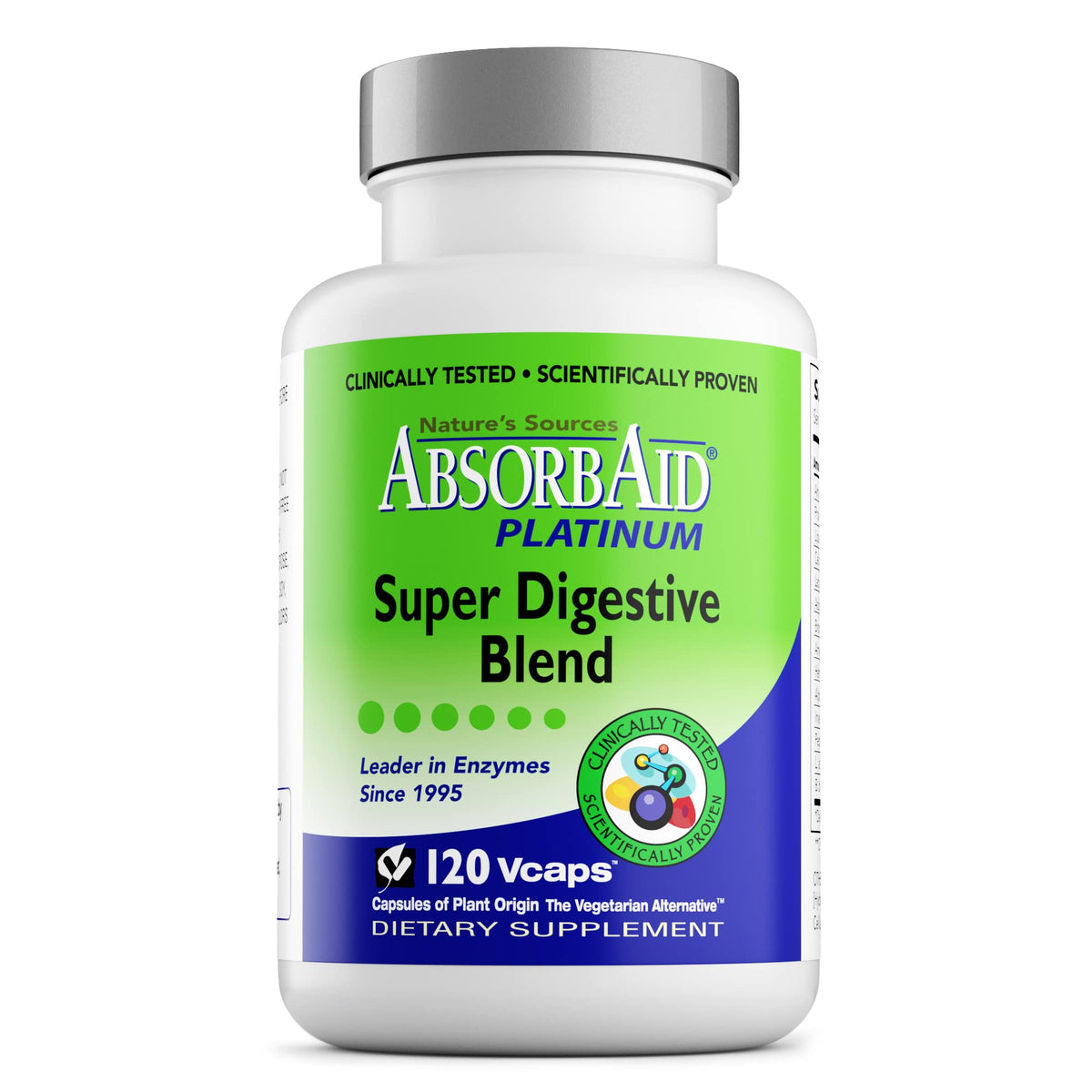AbsorbAid Platinum, botella frontal, apoyo digestivo diario y cómodo.