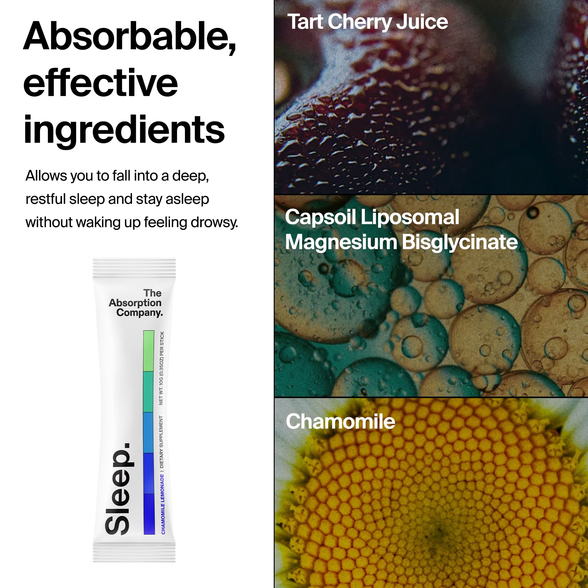 The Absorption Company Sleep Aid Powder, liposomal saffron destacado, experiencia sensorial suave antes de dormir.