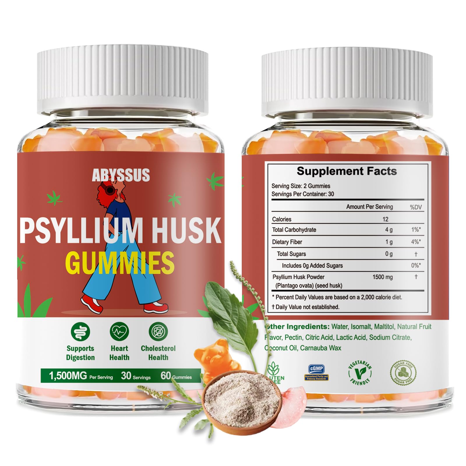 ABYSSUS Psyllium Gummies durazno etiqueta sin gluten y sin azúcar agregado.