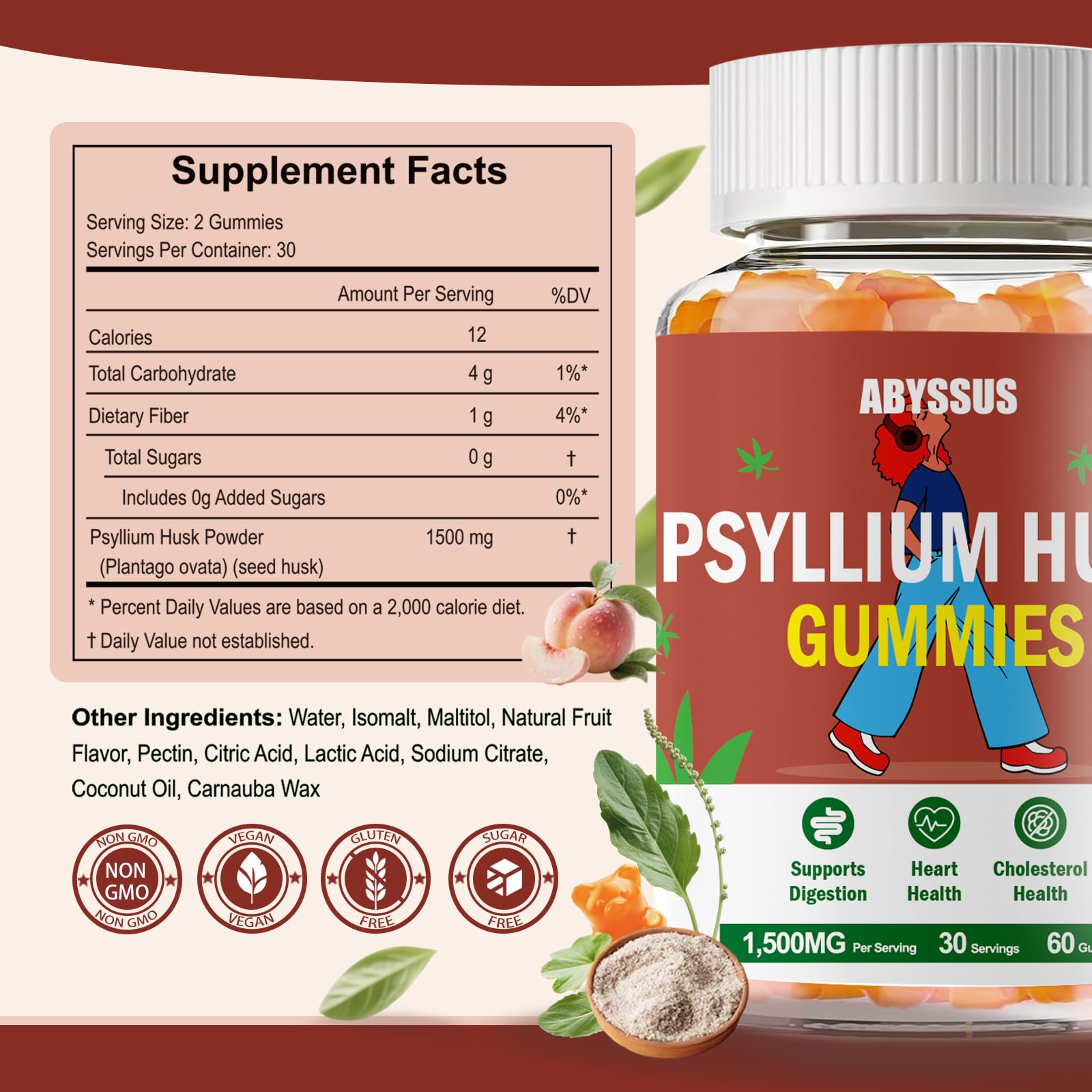 ABYSSUS Psyllium Gummies durazno primer plano, fibra soluble que facilita la digestión.