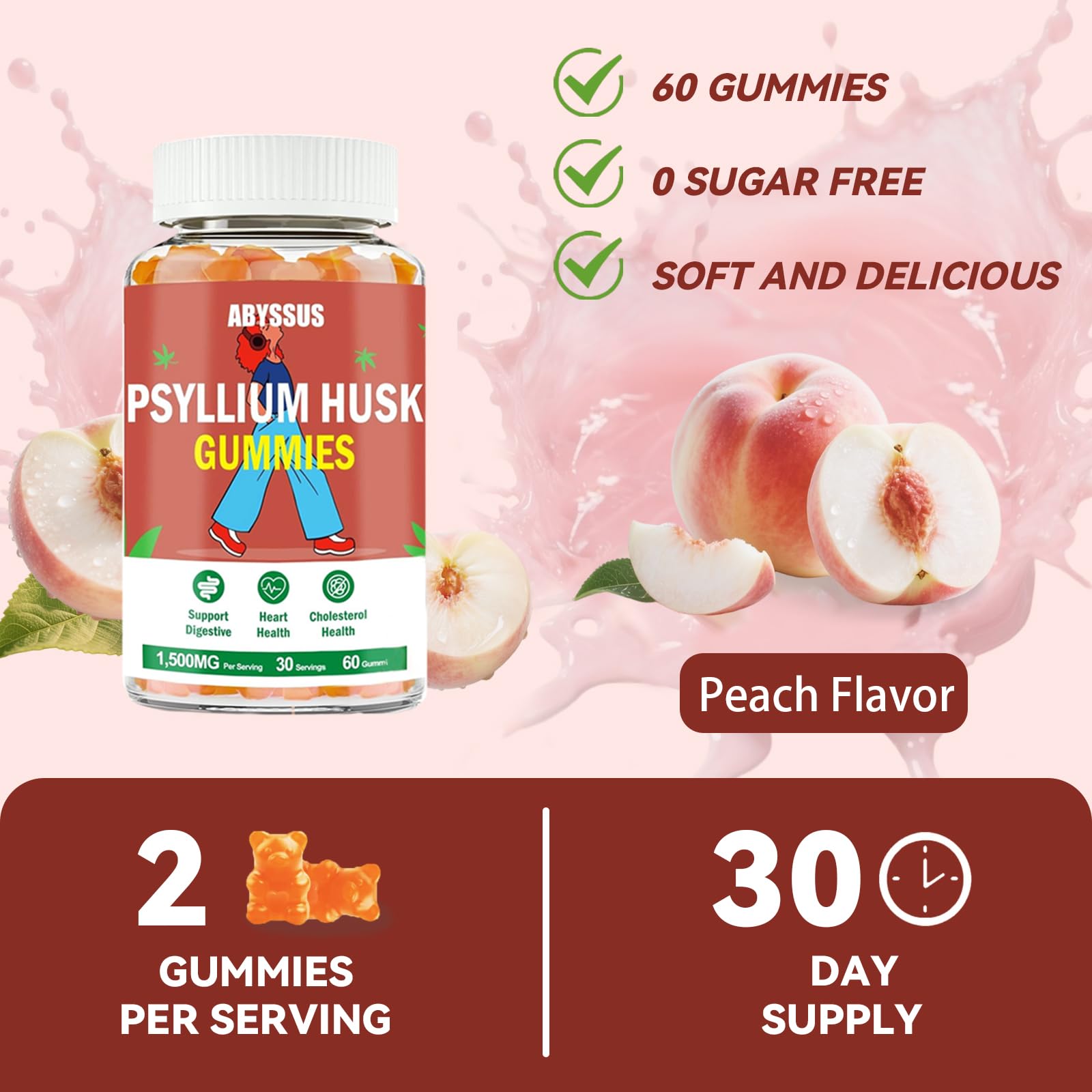 ABYSSUS Psyllium Gummies durazno vida diaria, apoyo suave a la digestión.