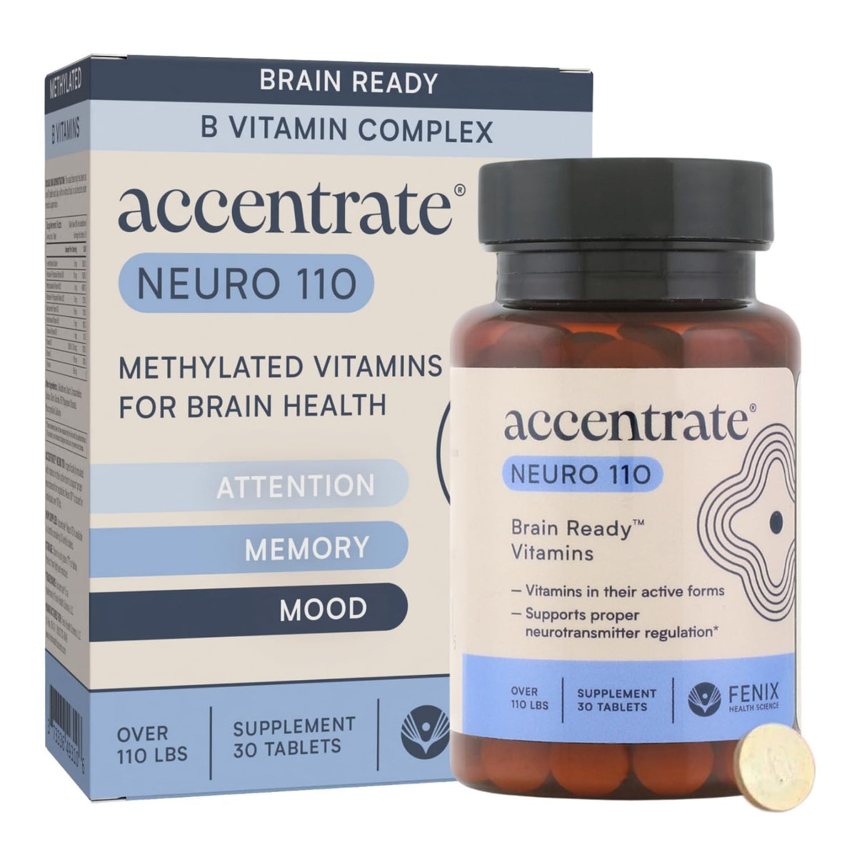 Accentrate Neuro 110 botella: suplemento de vitaminas B para un posible apoyo cognitivo diario