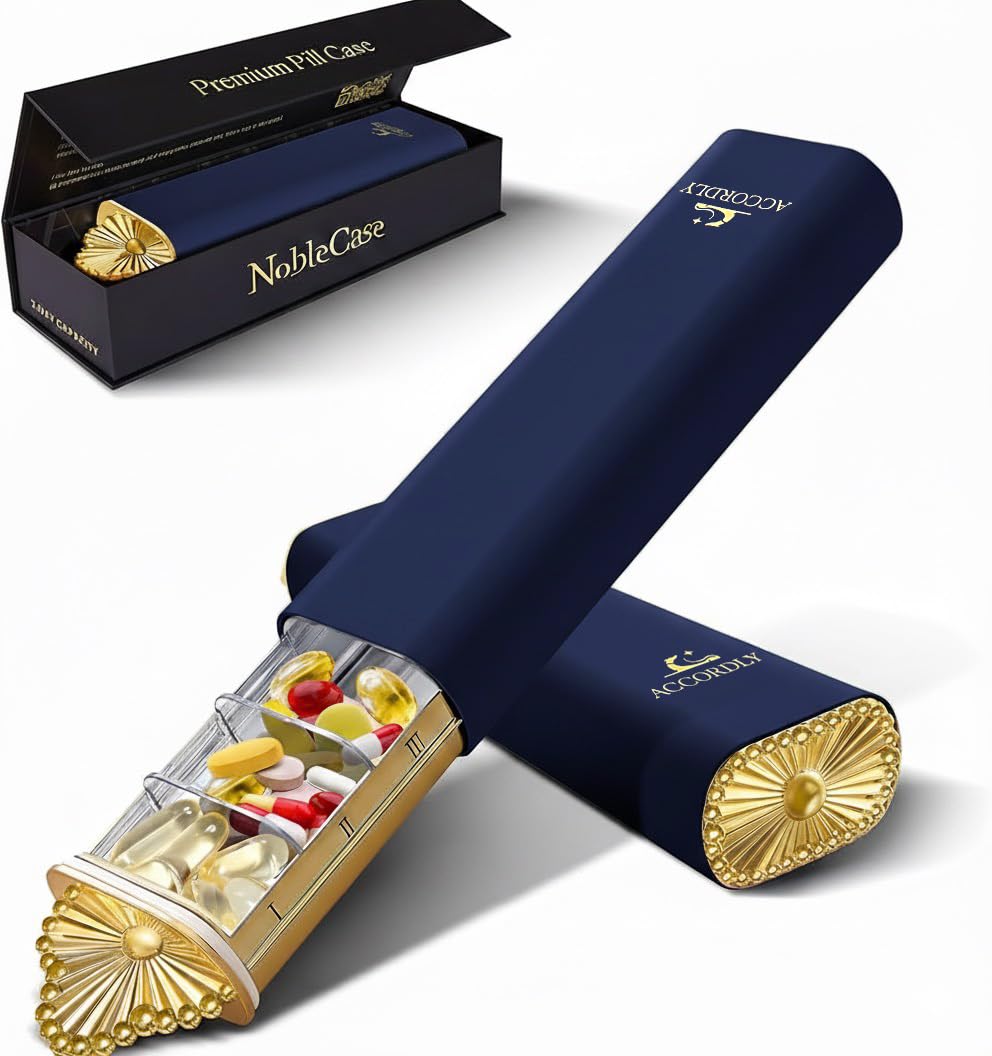 Caja Accordly Organizador de pastillas 7 días, diseño dorado, discreta para bolso.