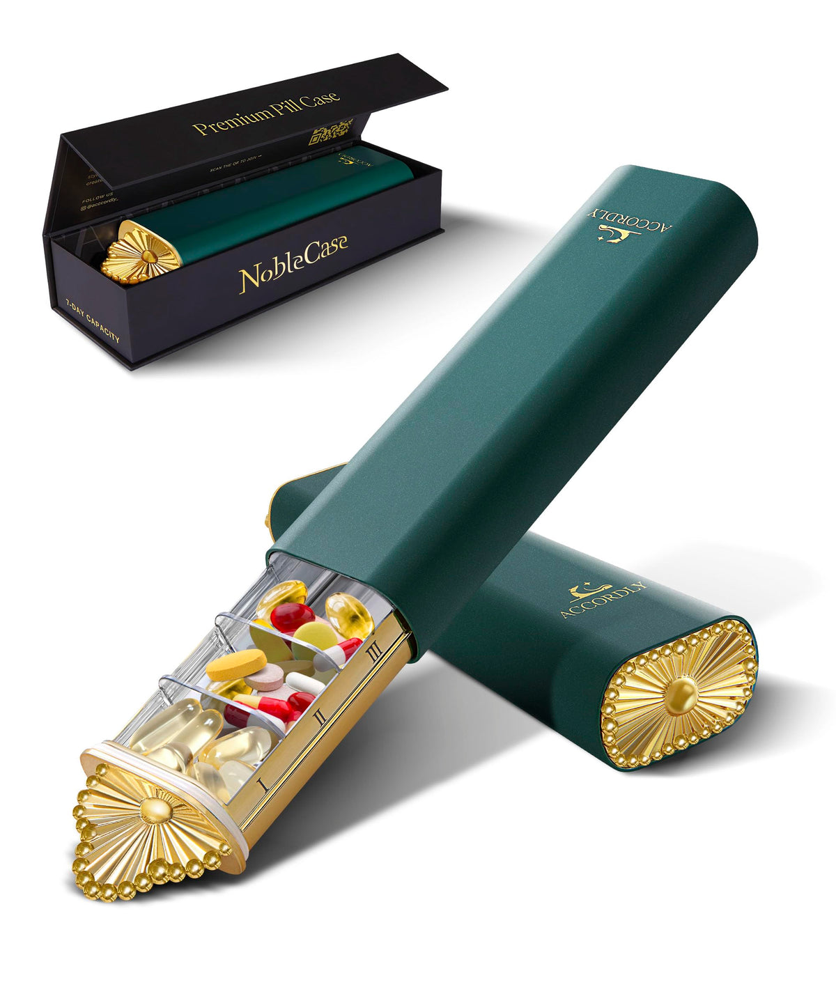 Accordly organizador de pastillas semanal dorado en aluminio, ideal para llevar en bolso