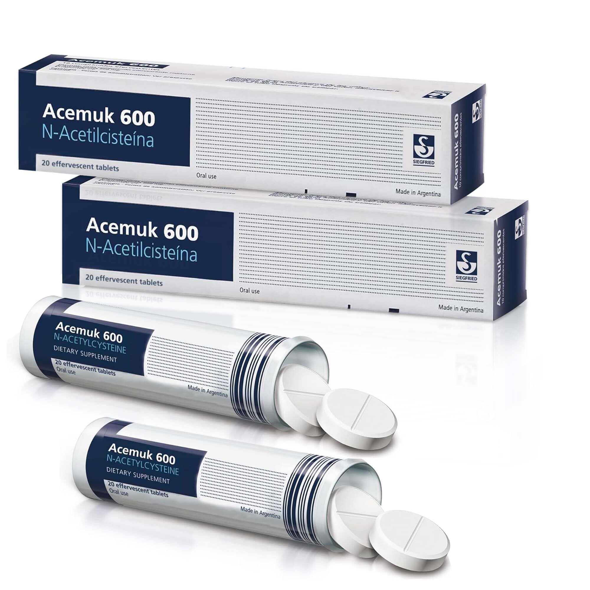 Acemuk NAC 600 mg, tableta visible para apoyo antioxidante diario.
