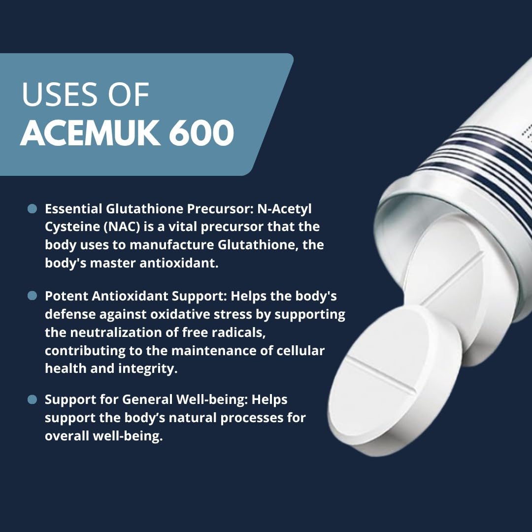 Acemuk NAC 600 mg, uso diario para apoyo a bienestar general.