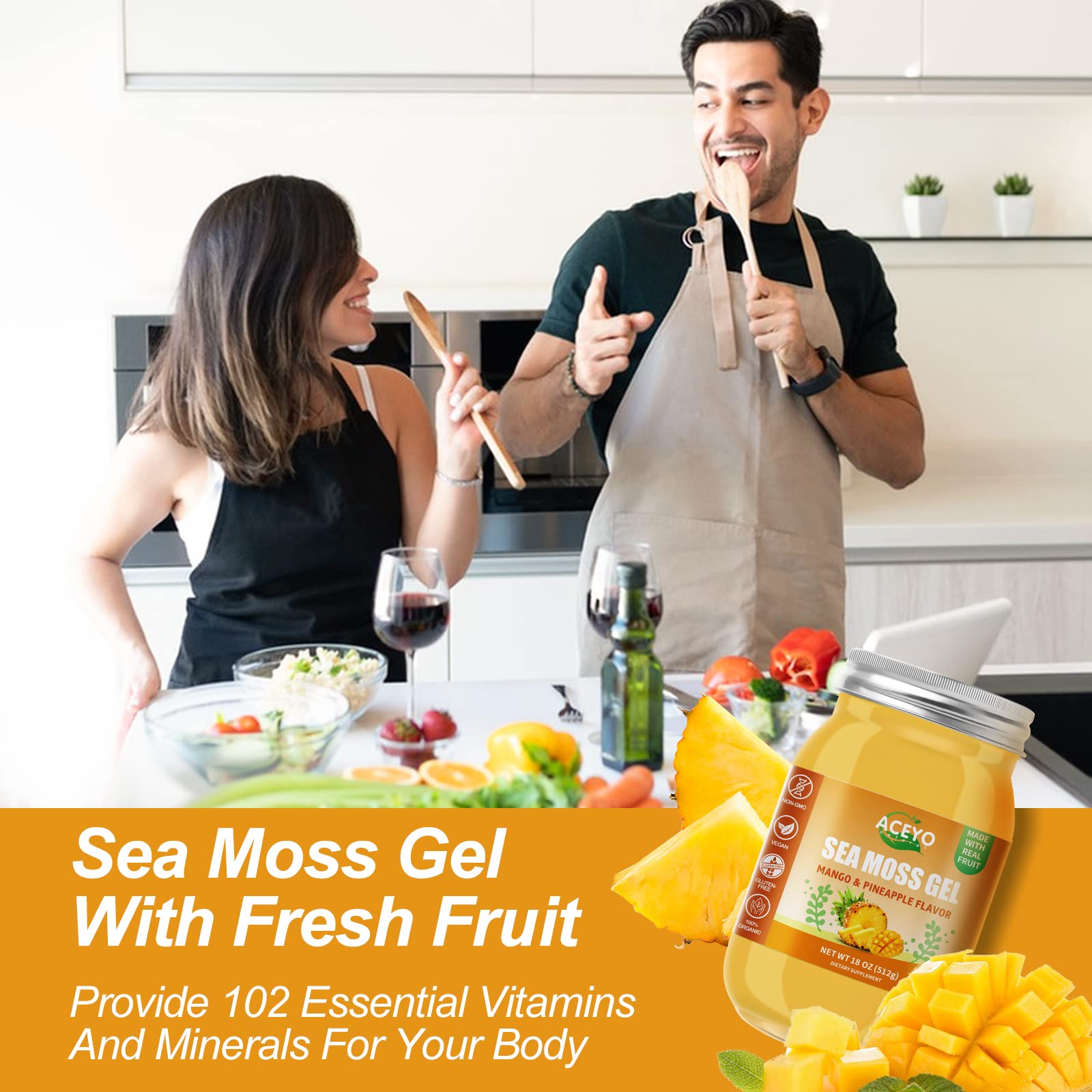 ACEYO gel musgo de mar irlandés mango piña, ingredientes seleccionados para una dieta balanceada.