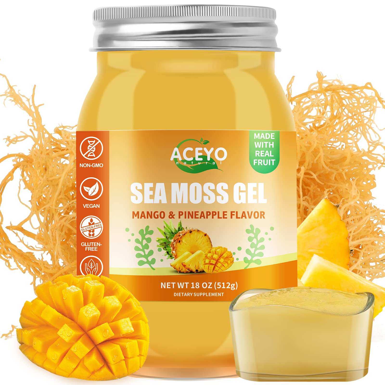 ACEYO gel musgo de mar irlandés mango piña, empaque práctico para tu rutina diaria.