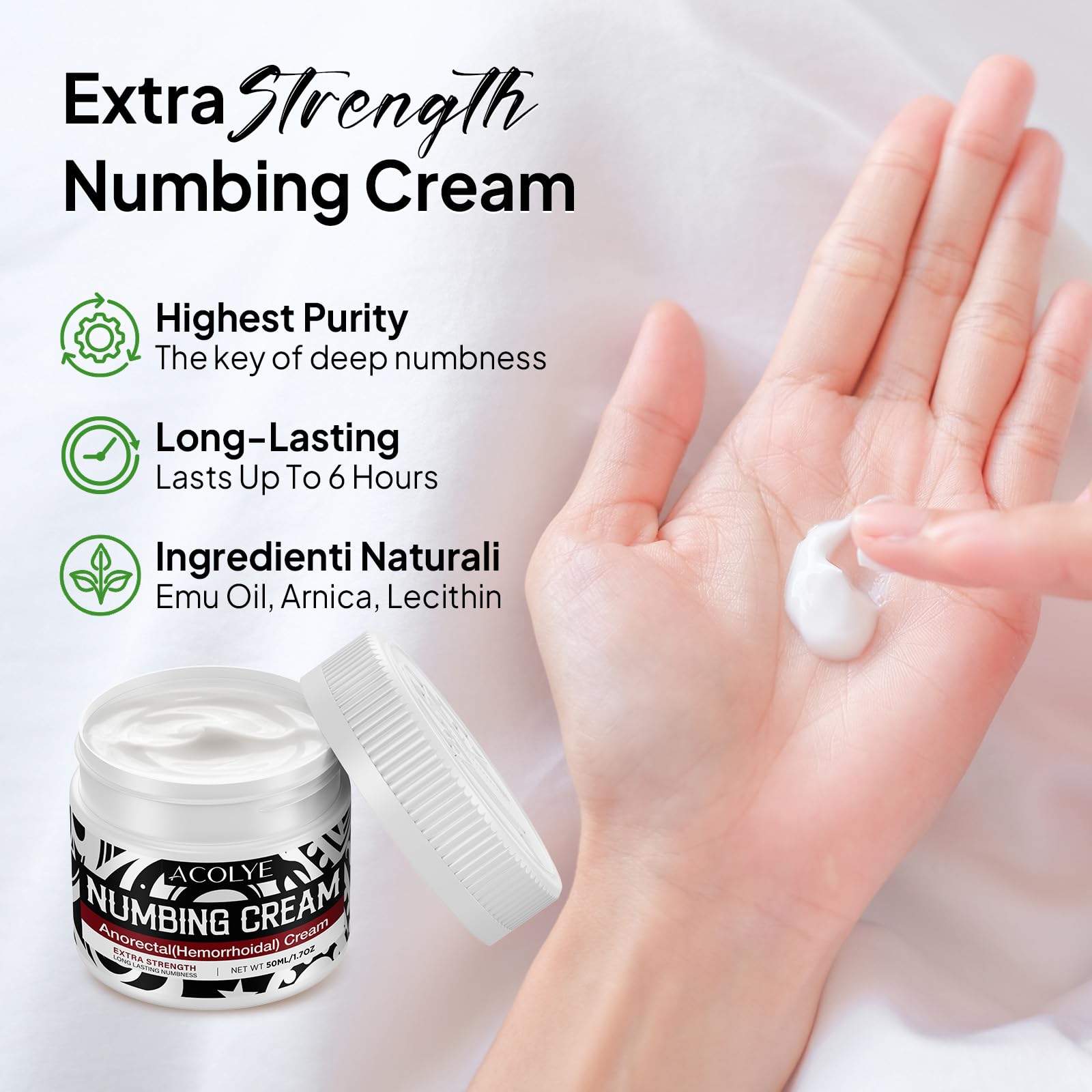 Crema anestésica Acolye con penetración liposomal para acción rápida y duración.