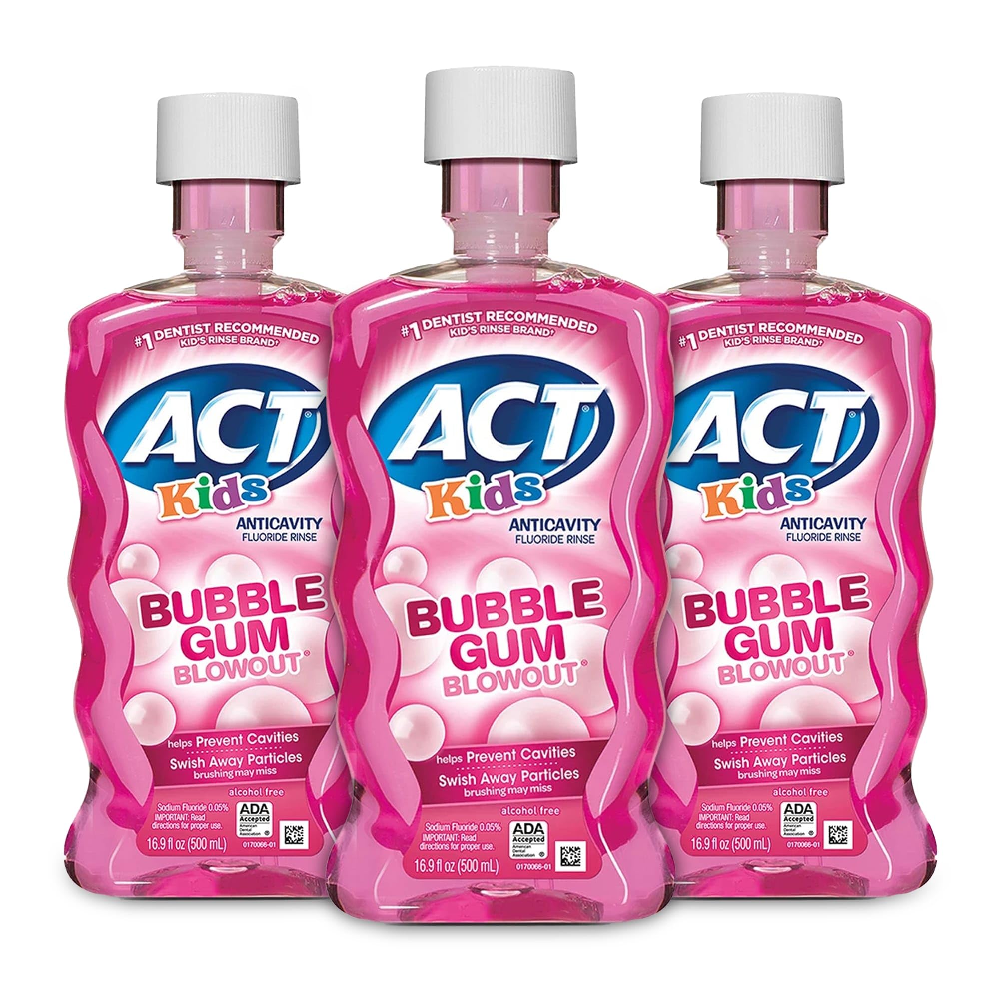 ACT Kids enjuague bucal fluoruro sabor chicle burbuja, pack de 3 botellas para uso diario.