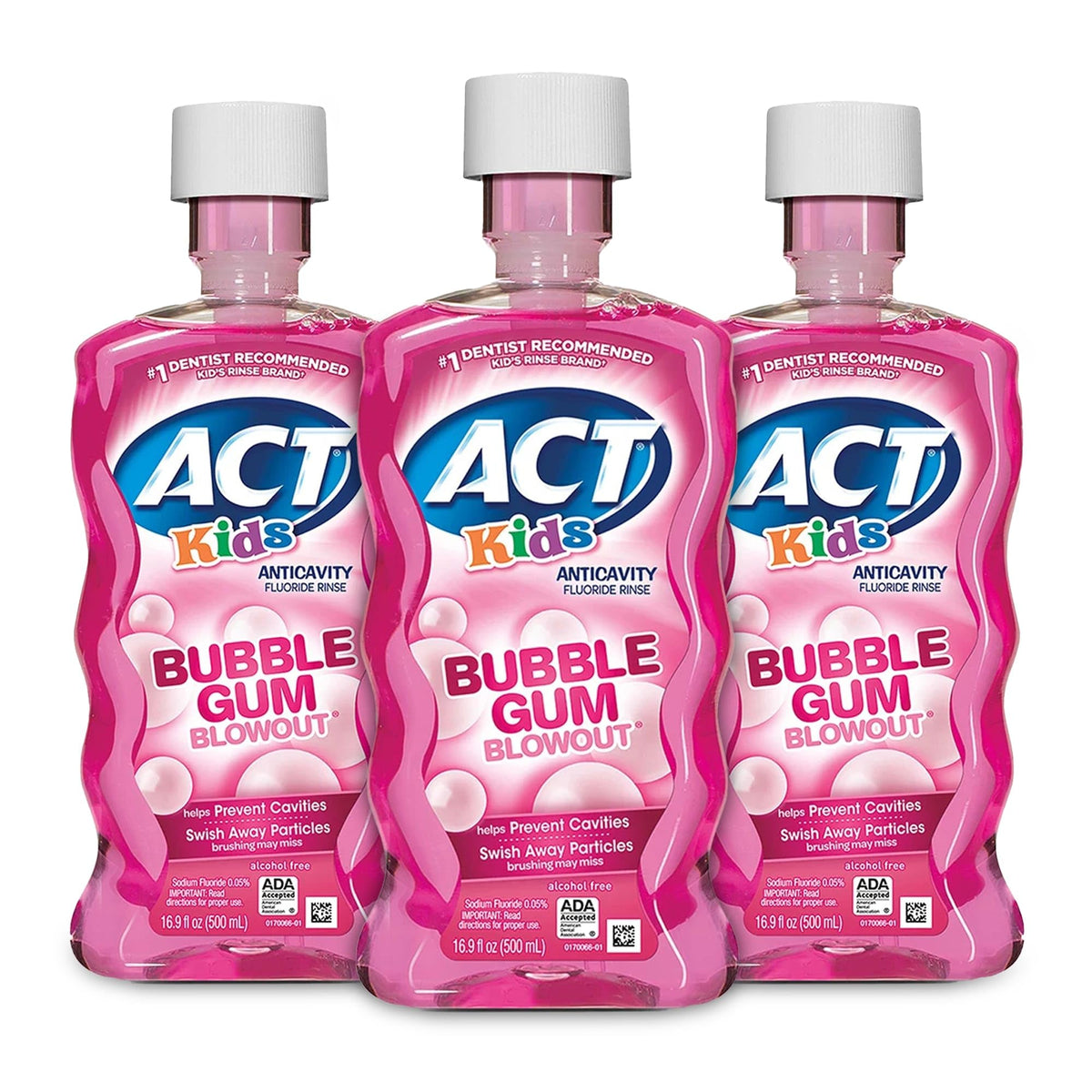 ACT Kids enjuague bucal fluoruro sabor chicle burbuja, pack de 3 botellas para uso diario.