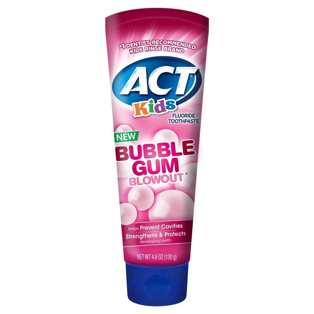 Pasta dental ACT para niños con sabor chicle, favorece dientes en desarrollo y cepillado diario.
