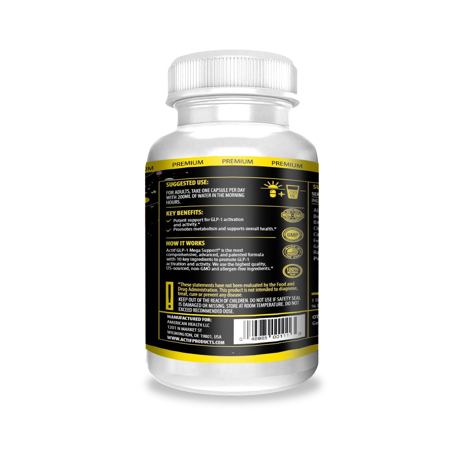 Etiqueta nutricional ACTIF GLP-1 Mega con nutrientes clave.