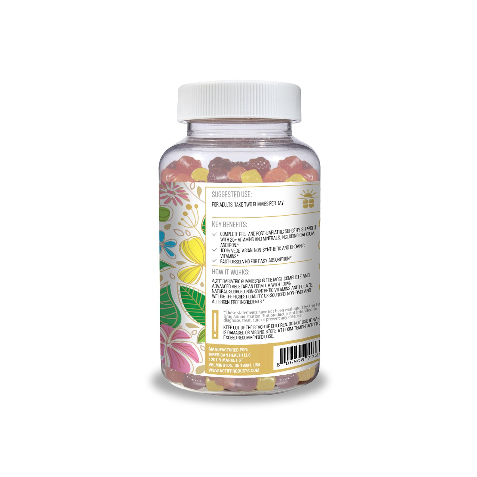 ACTIF Gominolas Bariátricas etiqueta clara con vitaminas clave resaltadas
