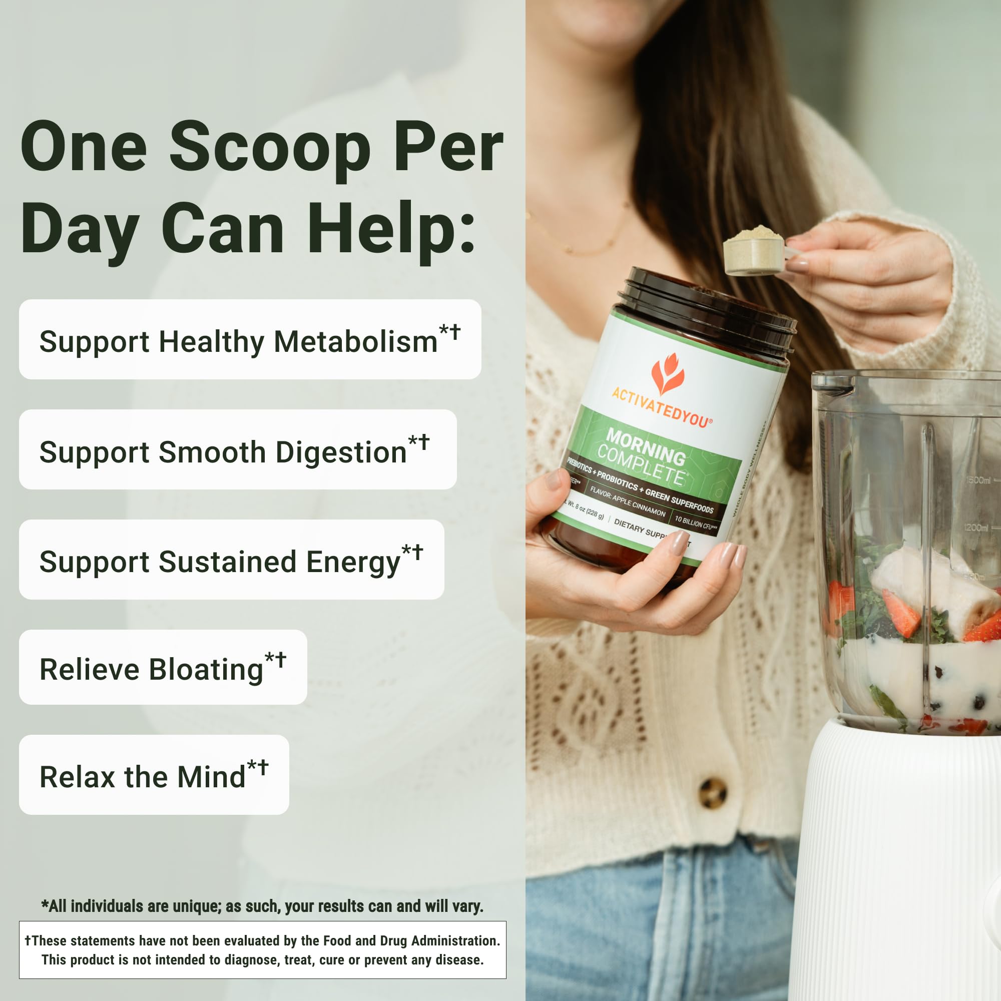 ActivatedYou Morning Complete, polvo sabor manzana canela para energía suave
