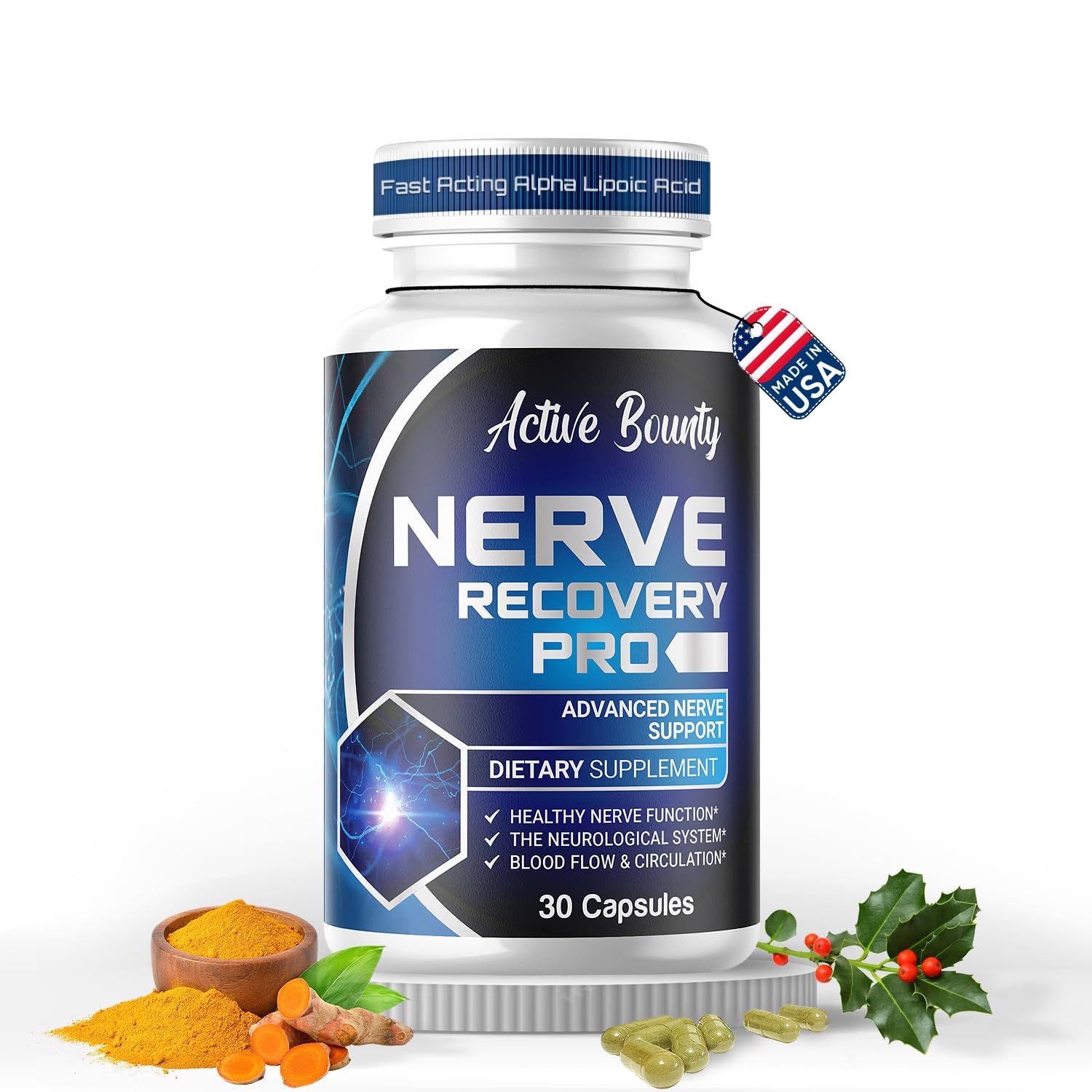Active Bounty Nerve Recovery Pro, botella, apoyo suave para movilidad nerviosa diaria.