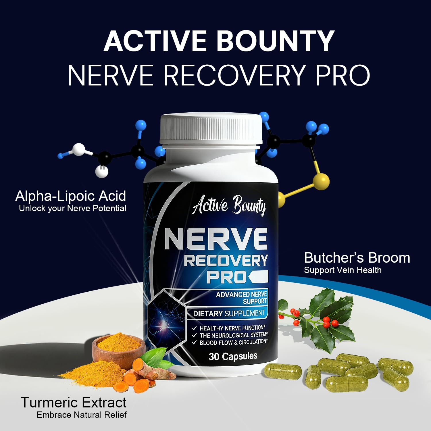 Active Bounty Nerve Recovery Pro, caja, embalaje seguro para suplementos de circulación.