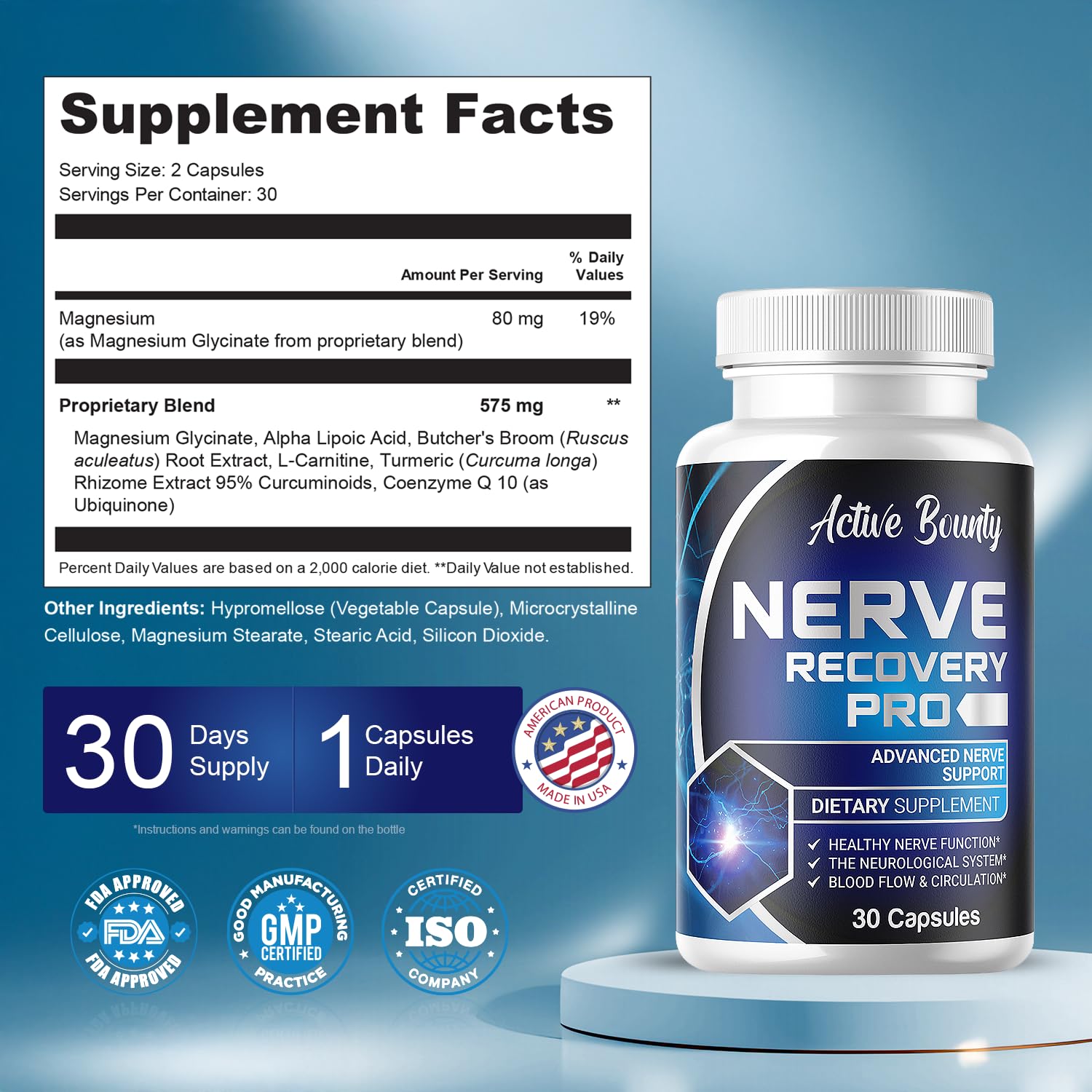 Active Bounty Nerve Recovery Pro, curcuma visible, apoyo natural para circulación.