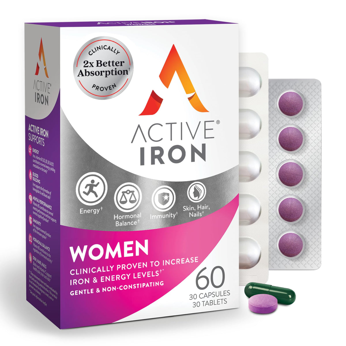 Active Iron: botella de cápsulas, uso diario fácil y seguro.