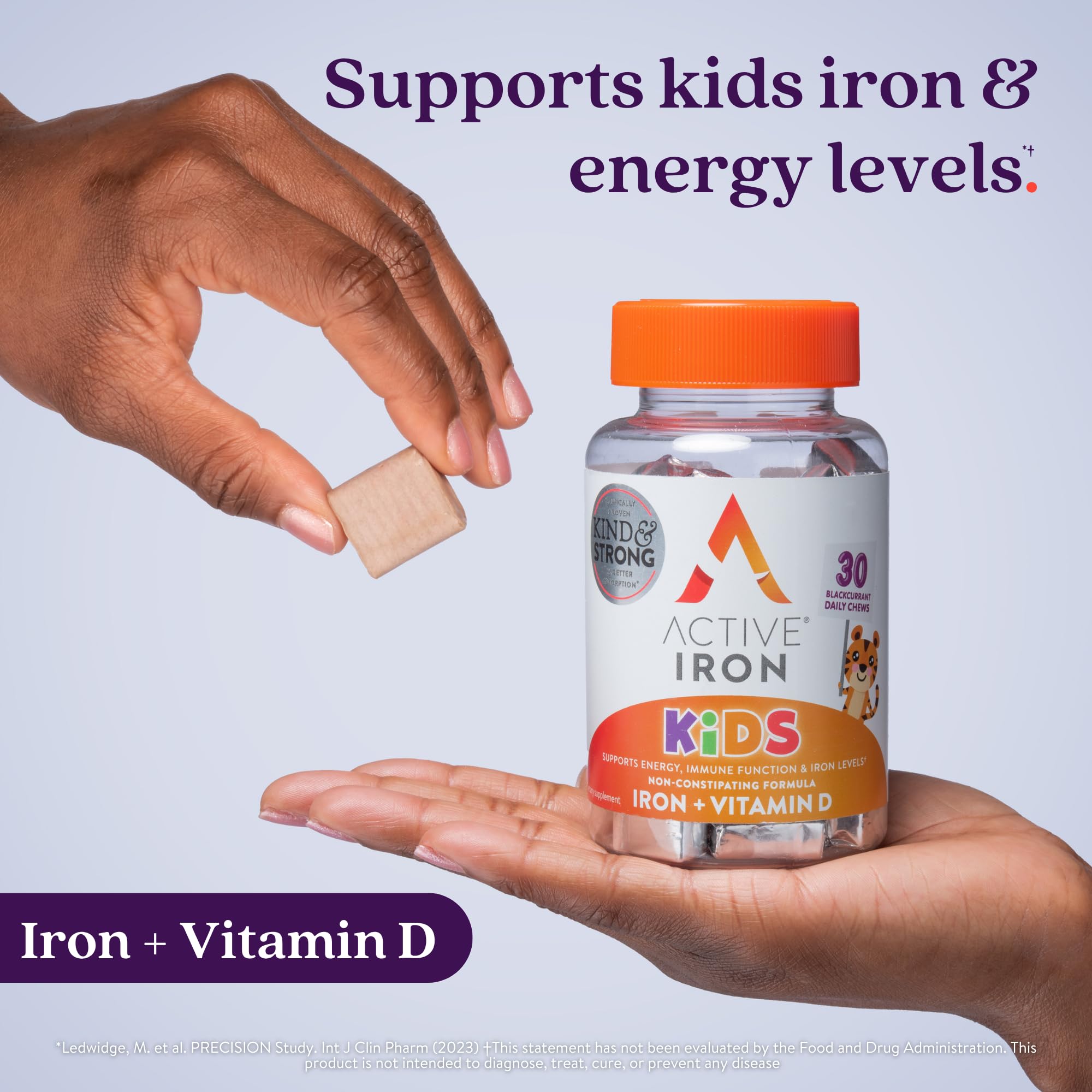 Pastillas masticables ActiveIron para niños, textura suave y energía sostenida.