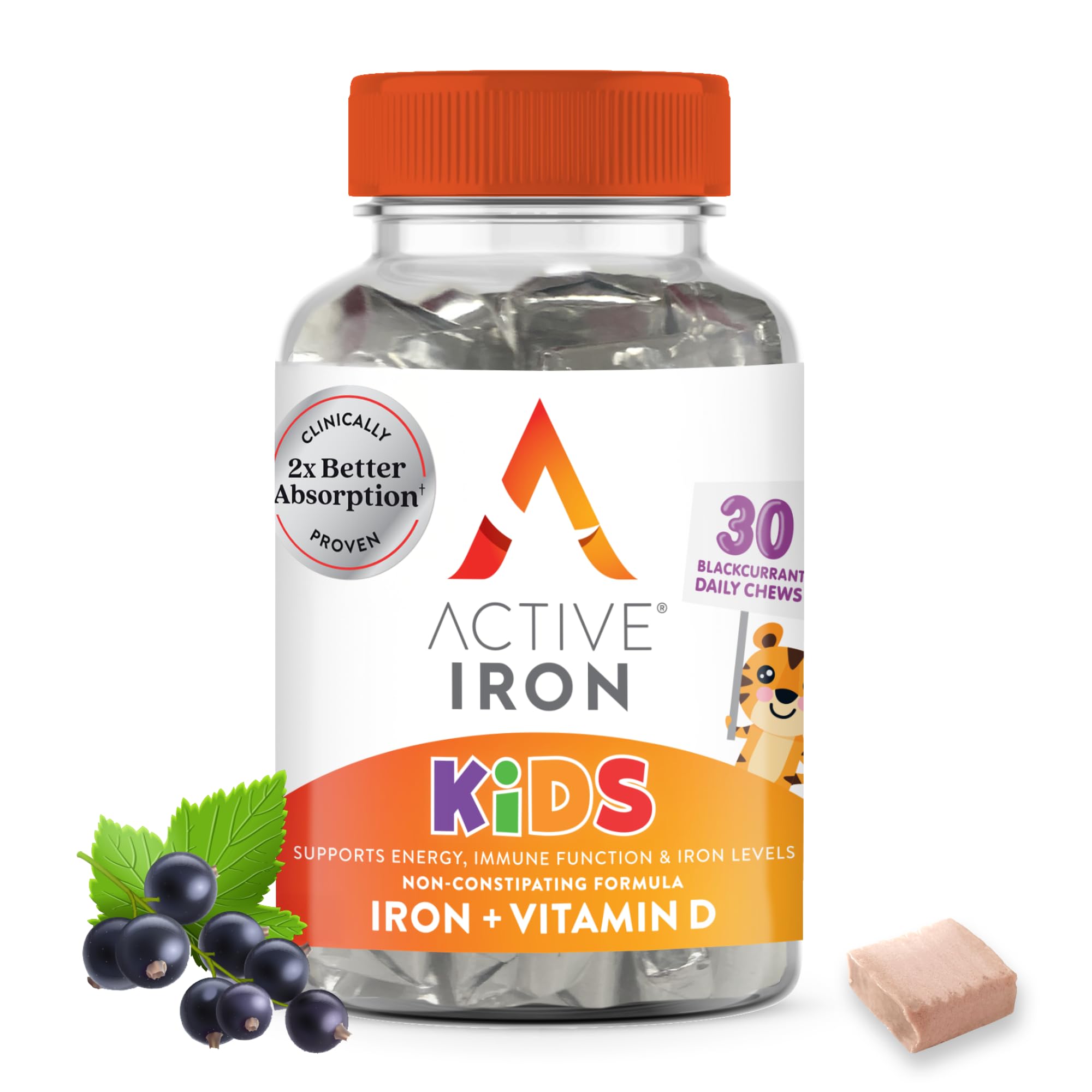 ActiveIron suplemento hierro para niños, sabor grosella negra, fácil de masticar para la rutina diaria.