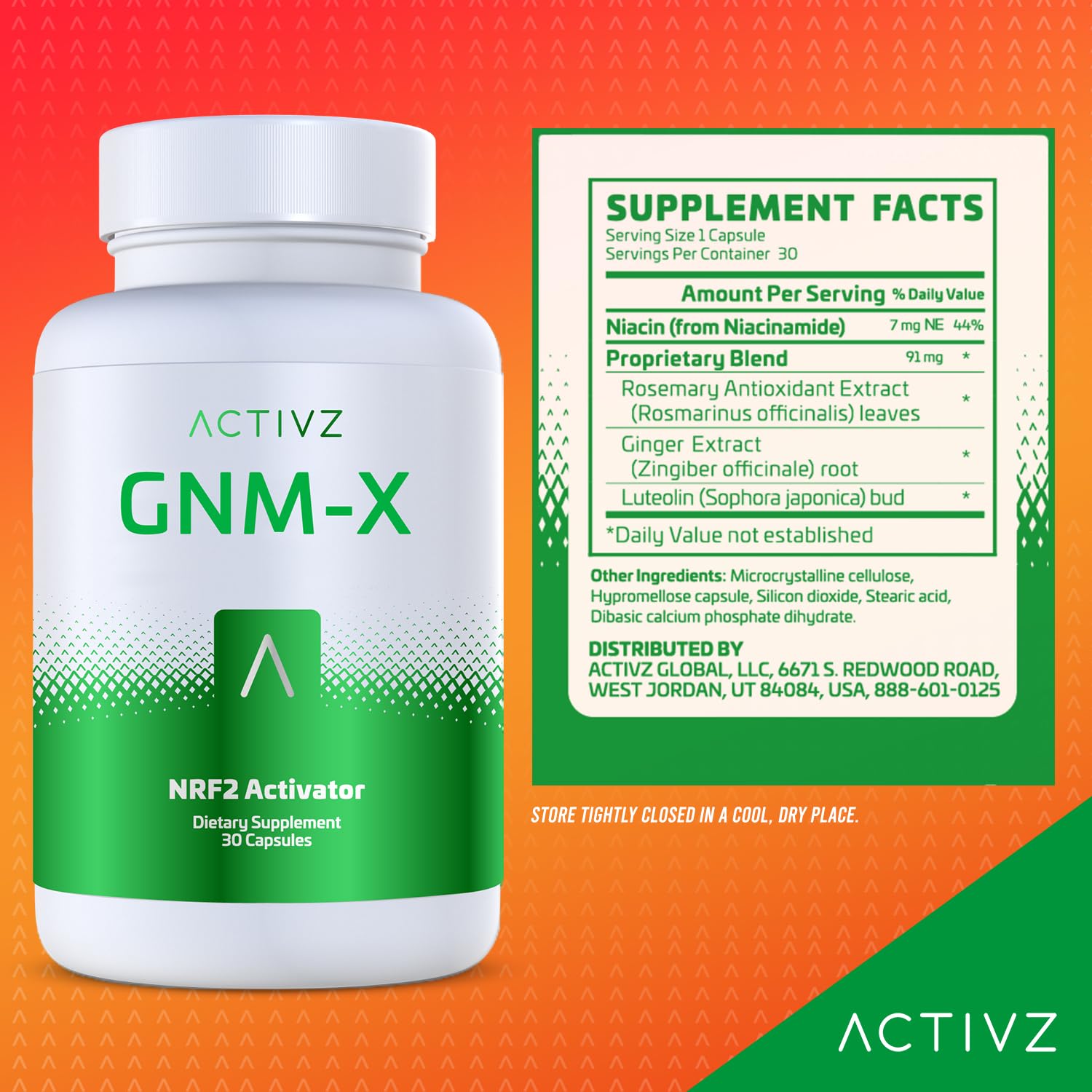 Activz GNM-X etiqueta frontal que resalta la fórmula de Nrf2 y epigenética.