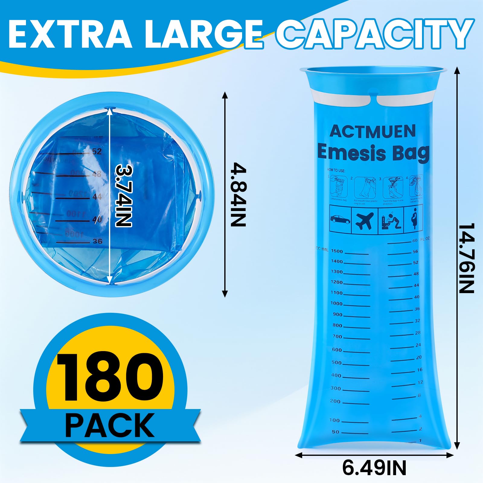 Actmuen bolsas vomito 1000ml, diseño a prueba de fugas para viajes.