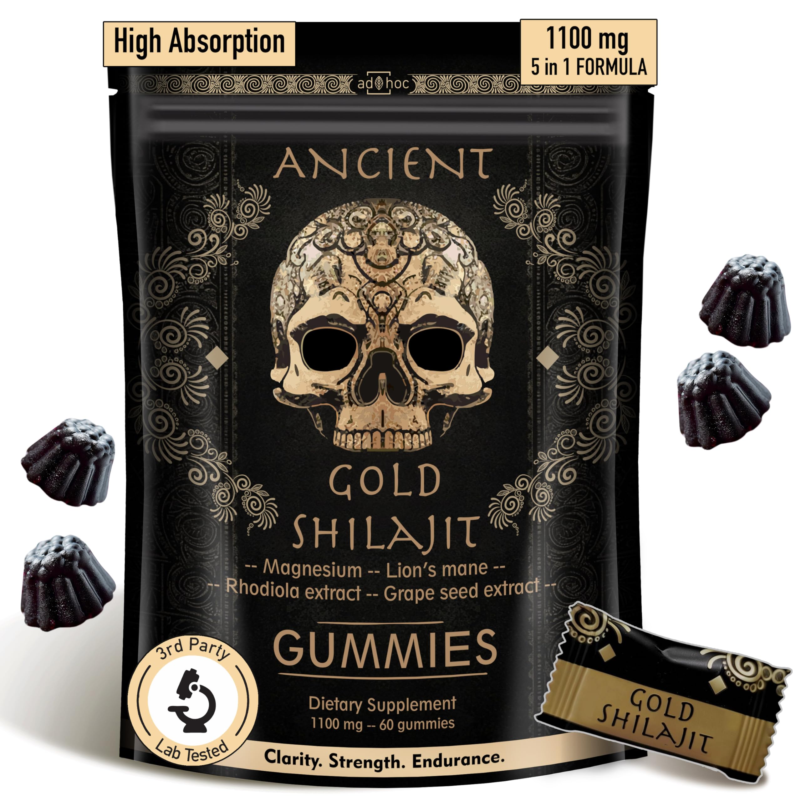 Ad hoc Shilajit dorado en botella, gomitas para energía sostenida.