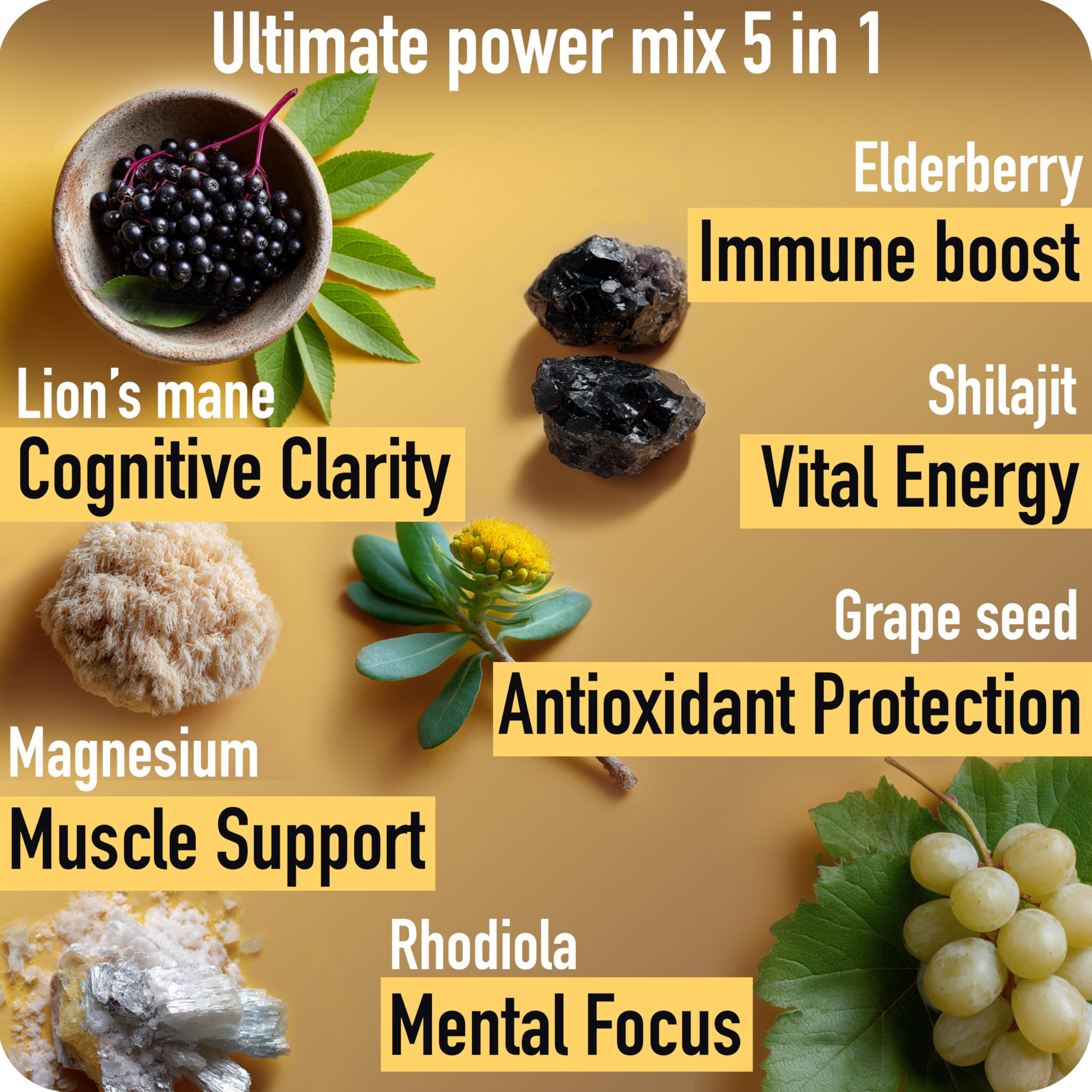 Etiqueta de Ad hoc Shilajit dorado mostrando ingredientes y valor nutritivo.