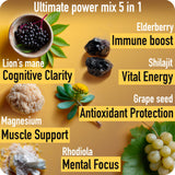 Etiqueta de Ad hoc Shilajit dorado mostrando ingredientes y valor nutritivo.