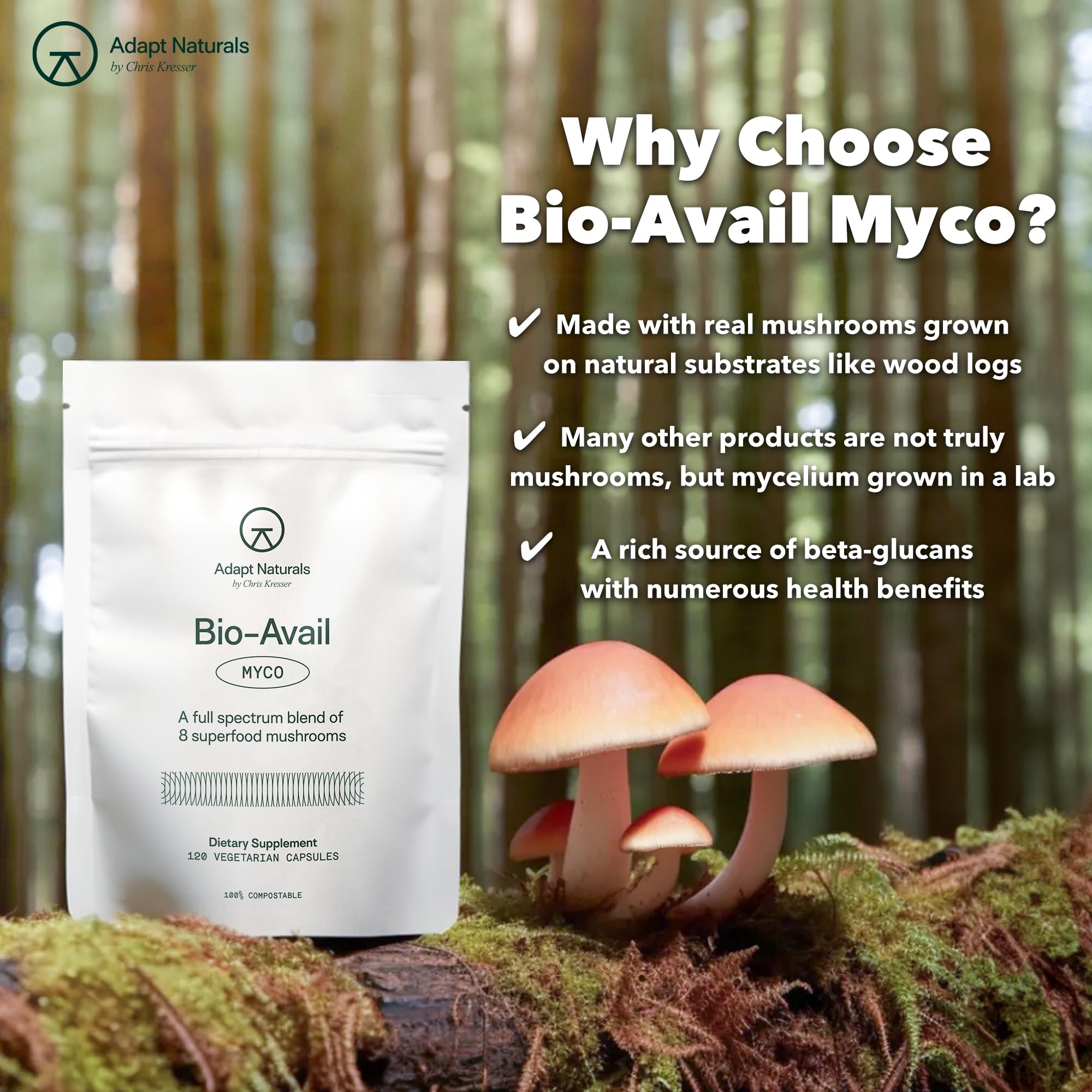 Adapt Naturals Bio-Avail Myco, mezcla de hongos para bienestar diario