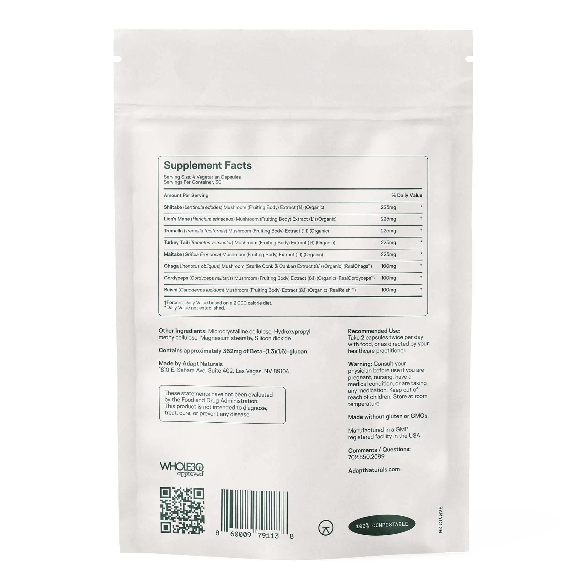 Adapt Naturals Bio-Avail Myco, estante con presentación de 120 cápsulas