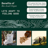 Adapt Naturals: etiqueta del producto destaca la mezcla de órganos y CoQ10 para nutrición equilibrada.