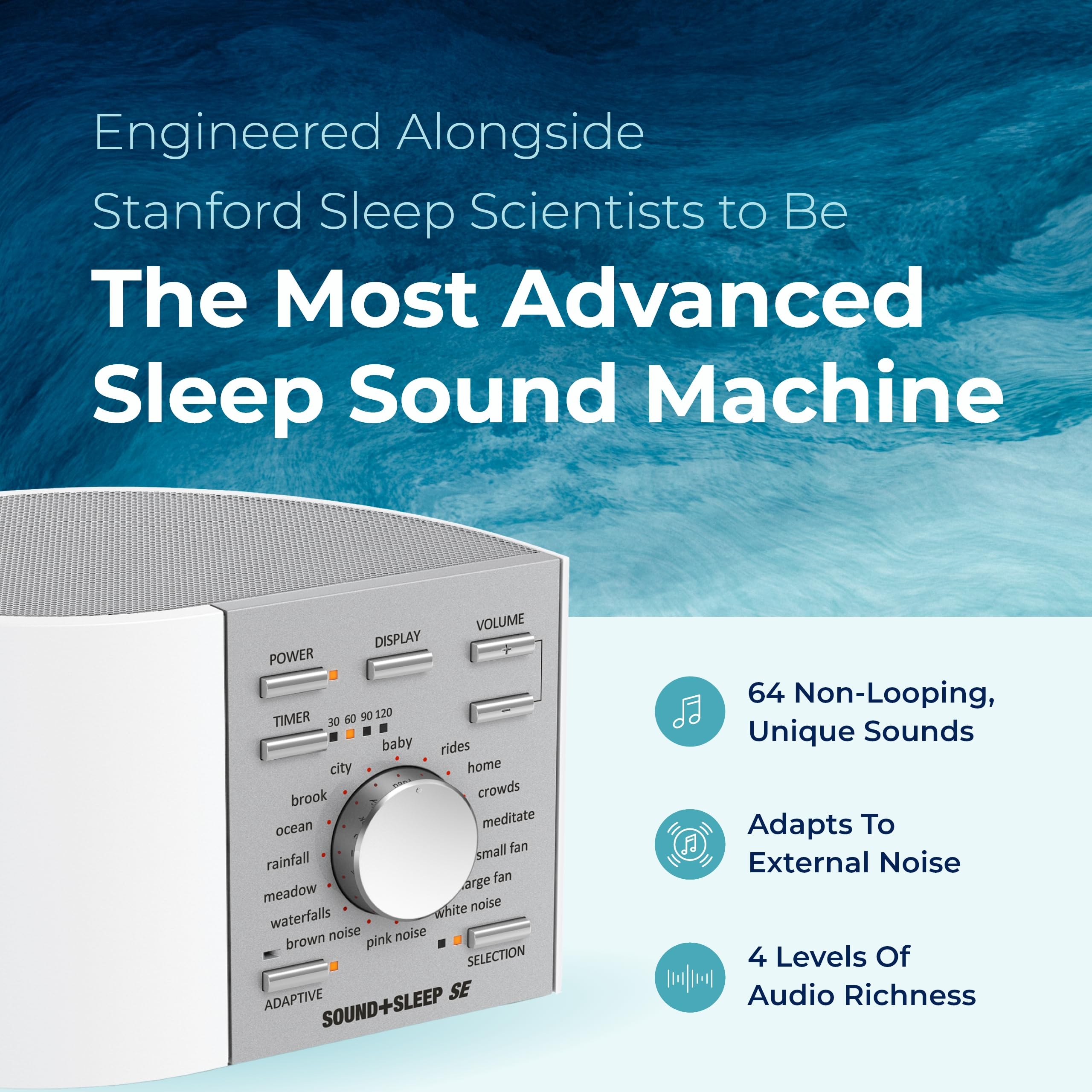 Adaptive Sound Technologies Sound + Sleep SE controles táctiles para ajustar sonido sin interrupciones.