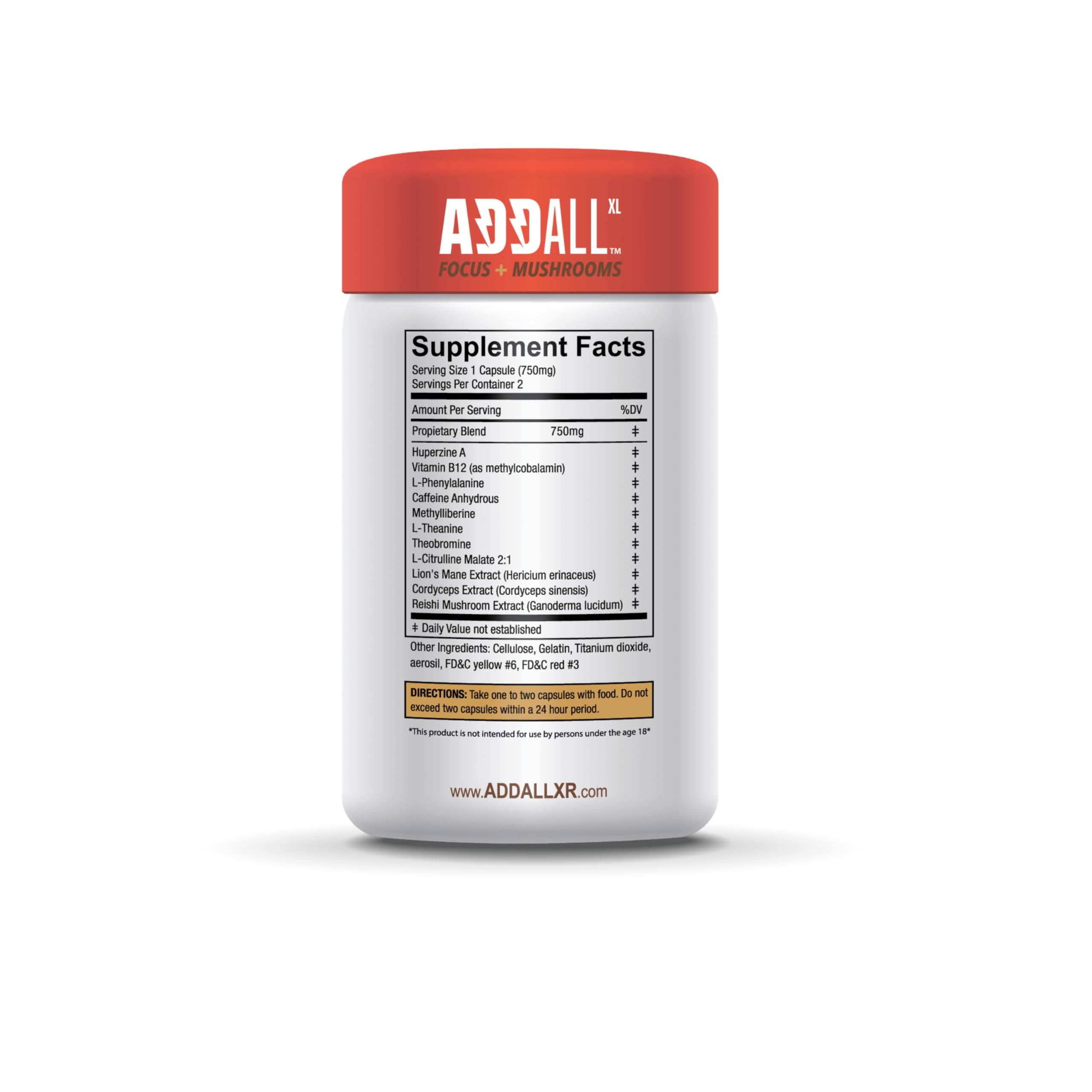 Botella de Addall Focus frente, ideal para energía suave durante el día.