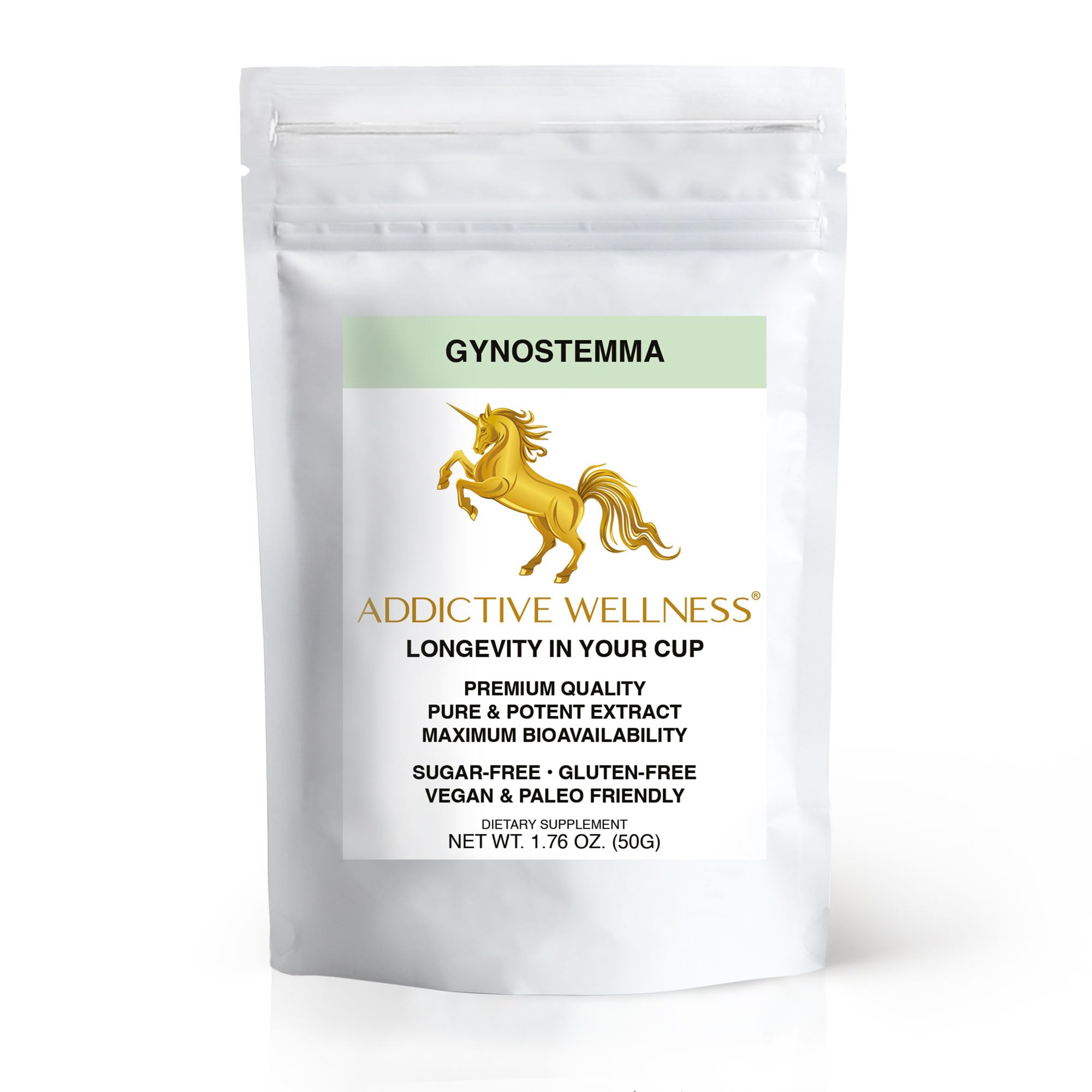 Polvo de extracto de Gynostemma de Addictive Wellness, ideal para energía sostenida en bebidas.