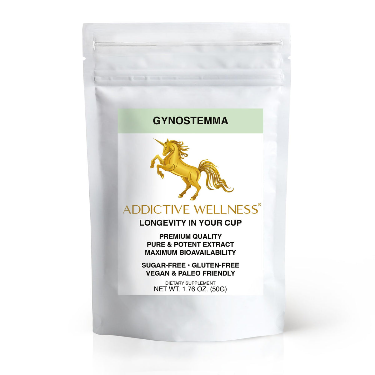Polvo de extracto de Gynostemma de Addictive Wellness, ideal para energía sostenida en bebidas.