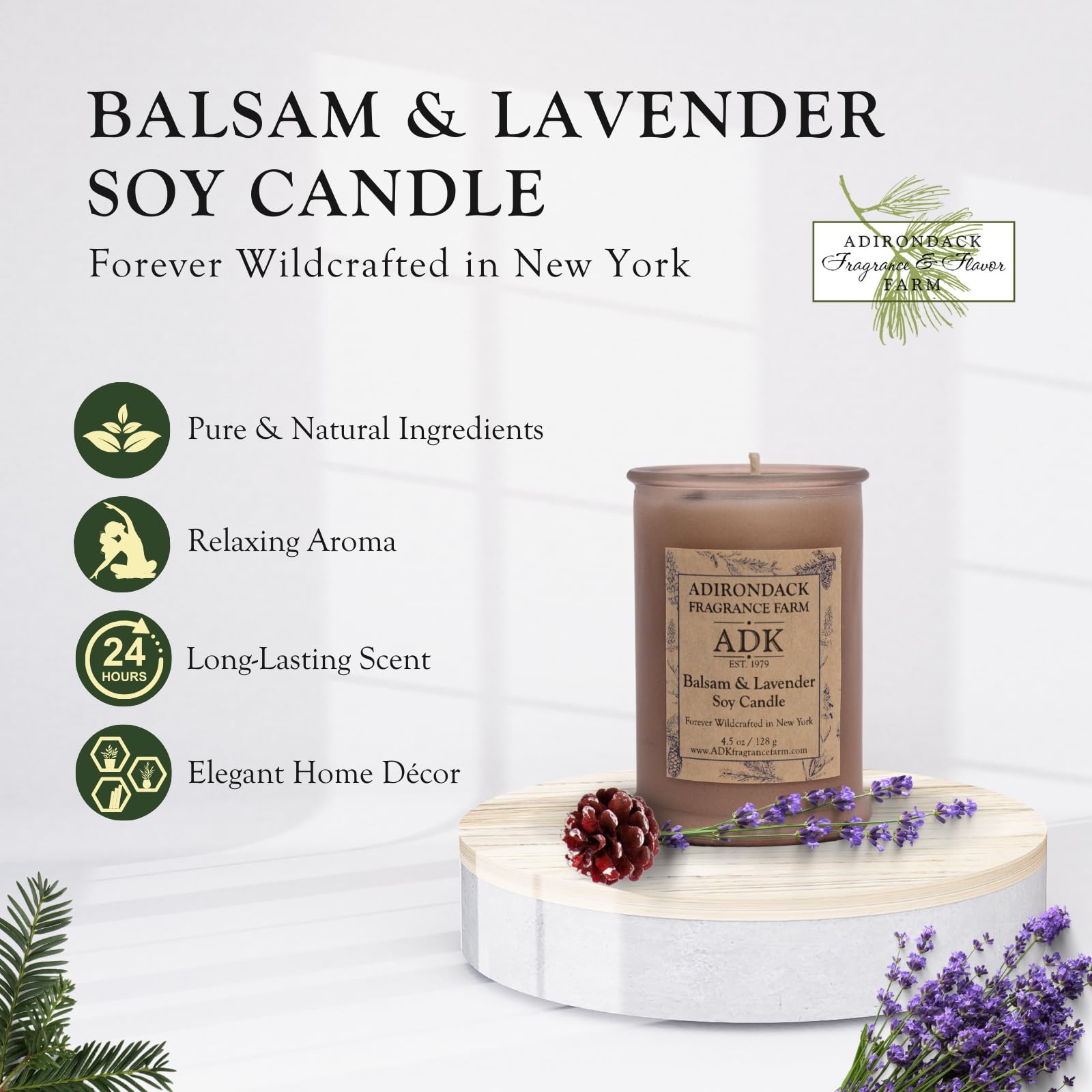 ADK Balsam y Lavanda llama suave iluminando espacios acogedores