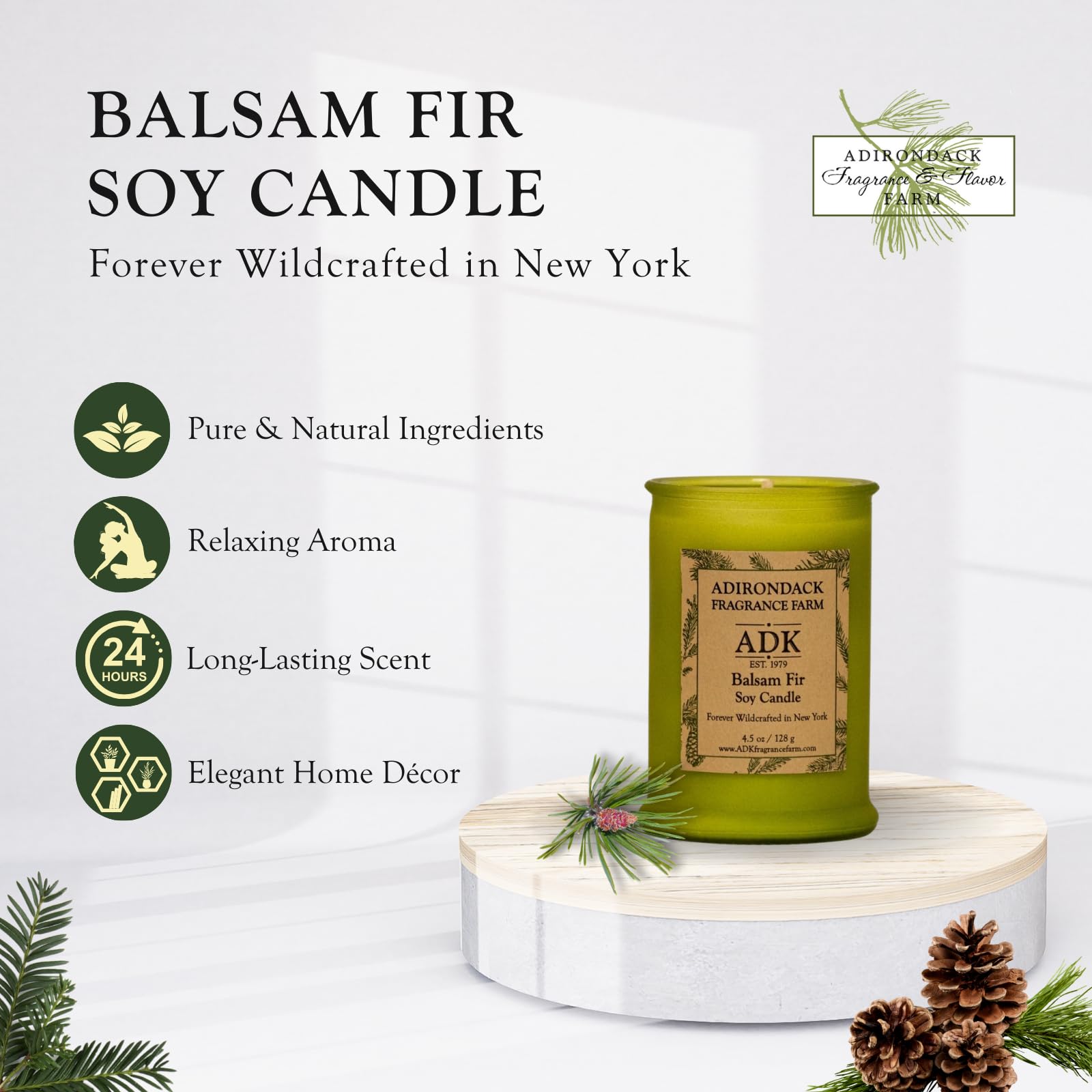 Vela ADK en tarro de vidrio, aroma de abeto suave para el ambiente.