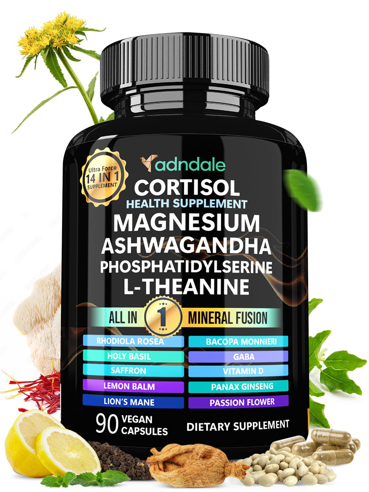 Adndale cortisol reductor cápsulas: frasco para equilibrio diario y bienestar.