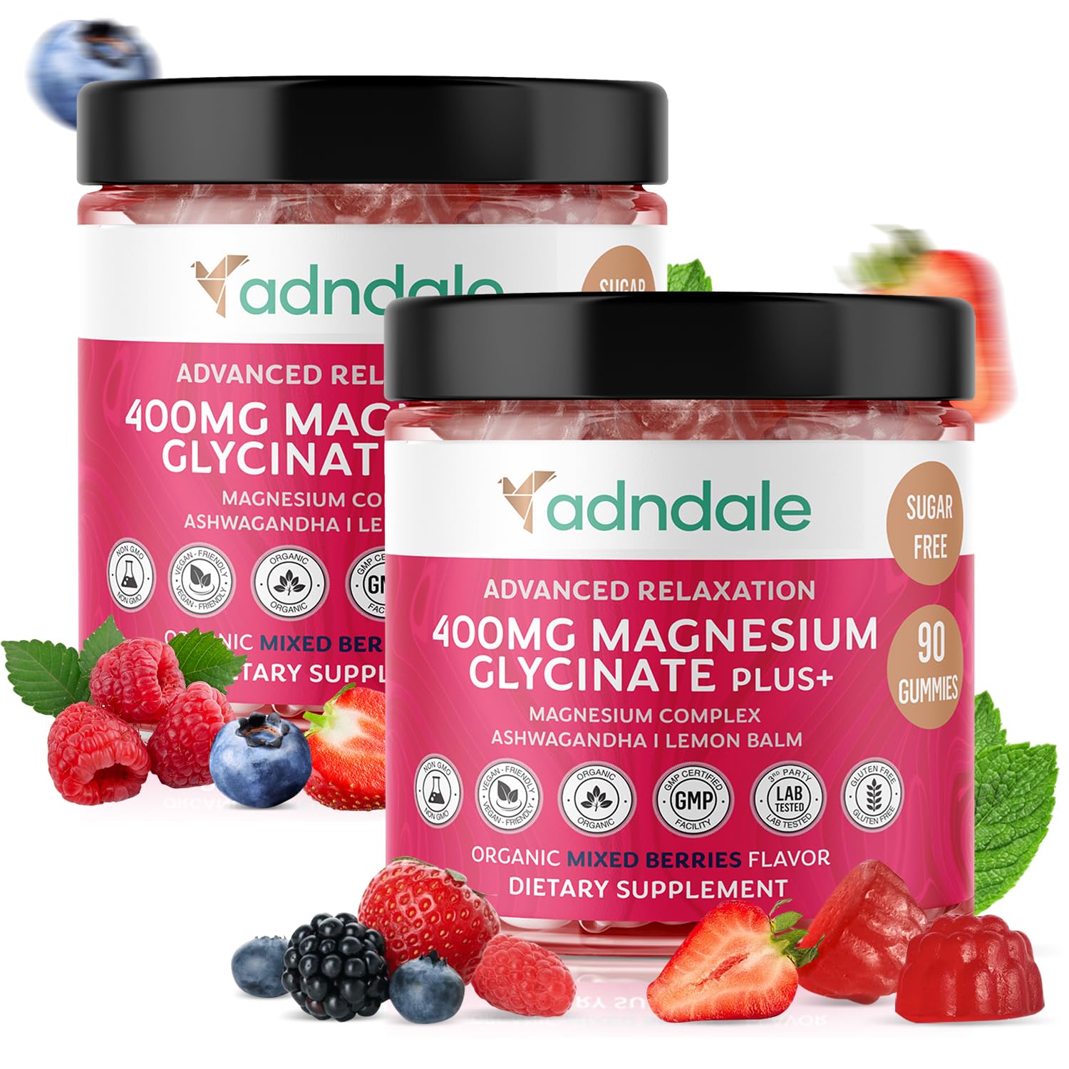 Envase de Adndale gomitas magnesio glycinato con ashwagandha para relajación