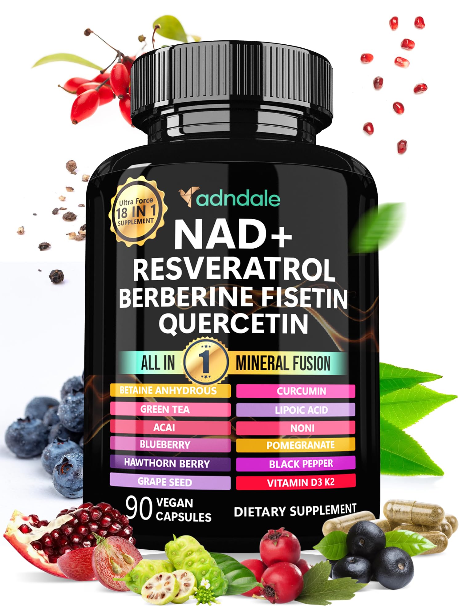 Botella de Adndale Liposomal NAD Resveratrol para apoyo diario de bienestar.