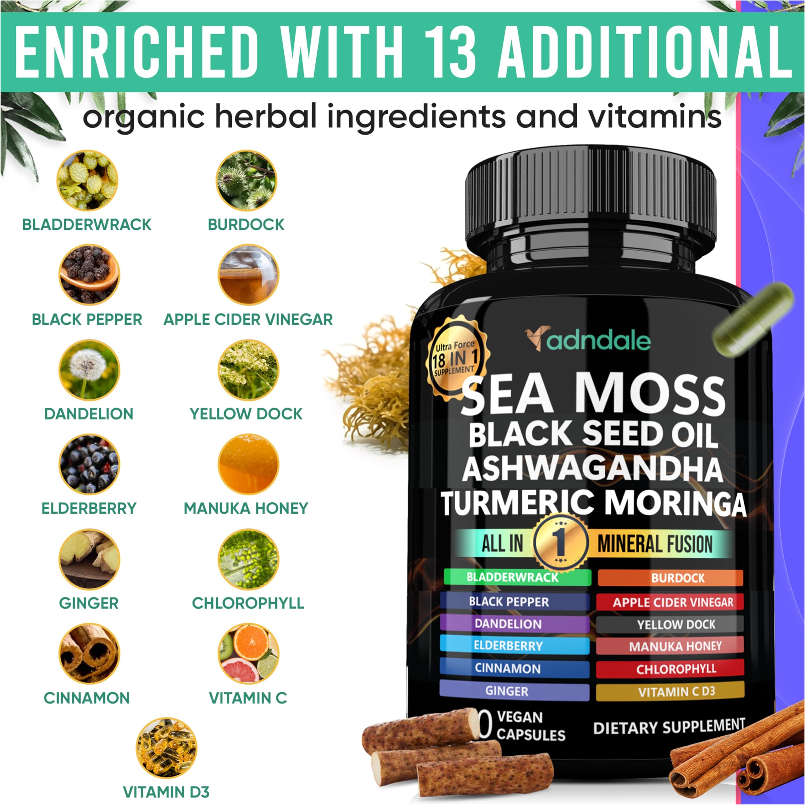 Cápsulas de ashwagandha y sea moss de Adndale, combinación equilibrada.