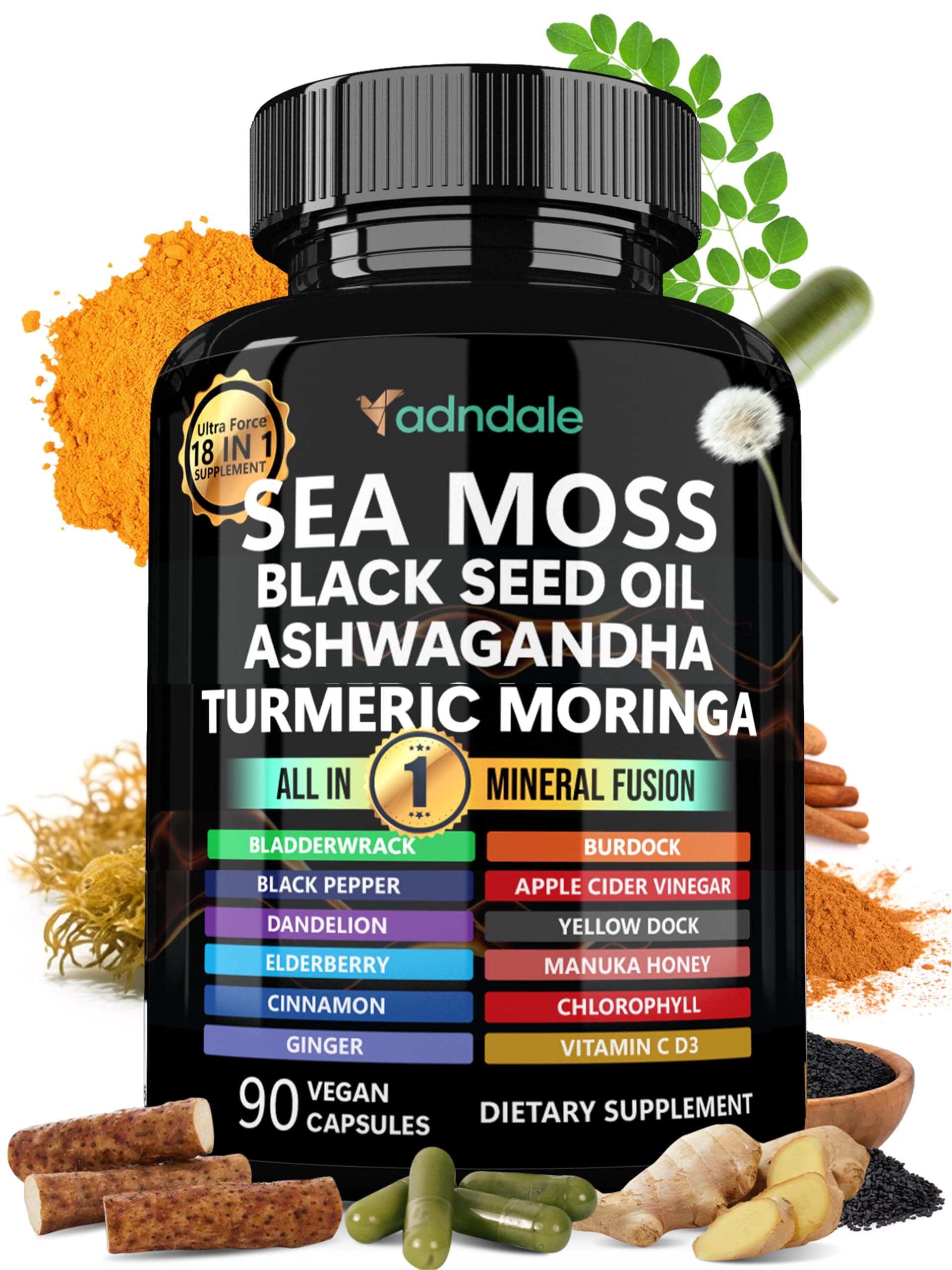 Frasco de Adndale Sea Moss Capsules para apoyo diario de energía.