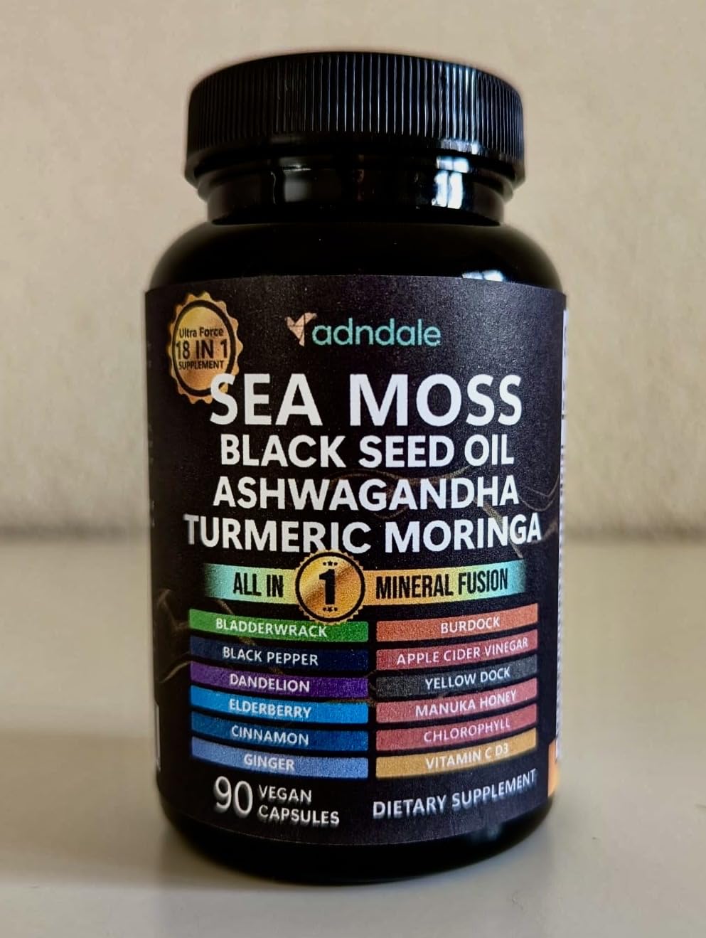 Adndale Cápsulas de Musgo Marino, mezcla de ingredientes visibles para bienestar