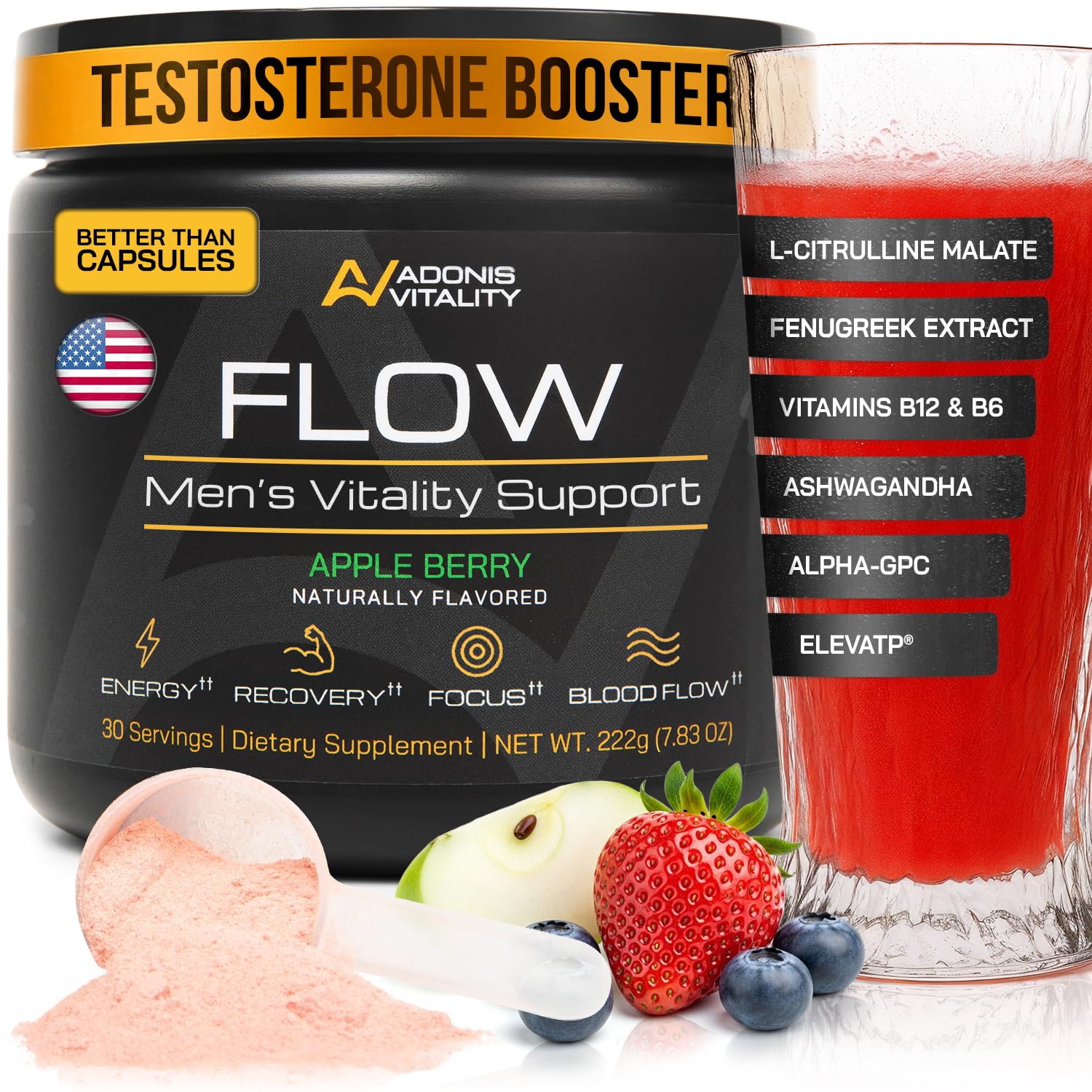 Adonis Vitality Flow: botella que destaca óxido nítrico para mejorar el flujo sanguíneo.