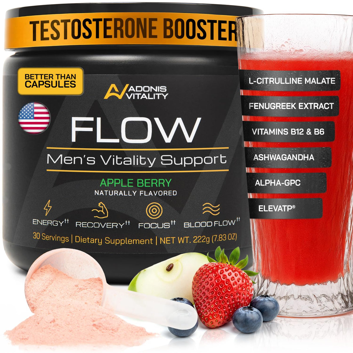 Adonis Vitality Flow: botella que destaca óxido nítrico para mejorar el flujo sanguíneo.